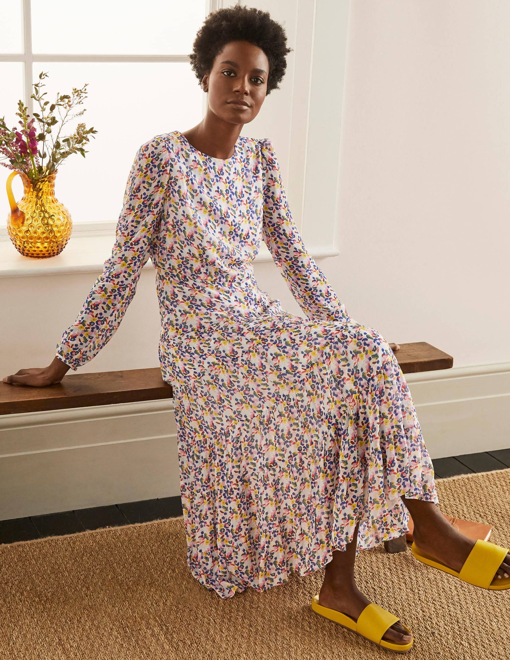 Robe midi Annie volantée-Ivoire, bourgeon de pivoine petit - Image 1