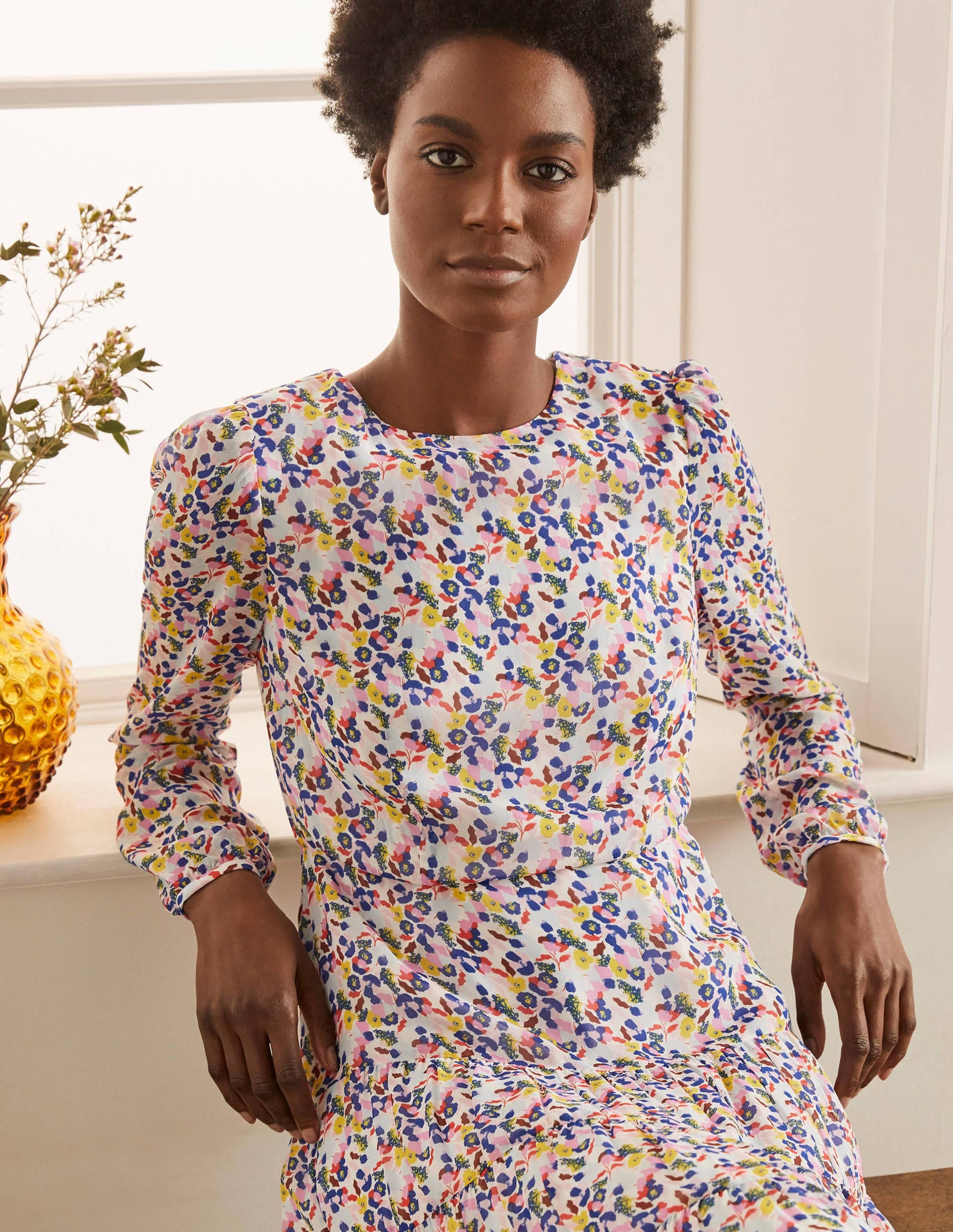 Robe midi Annie volantée-Ivoire, bourgeon de pivoine petit - Image 3