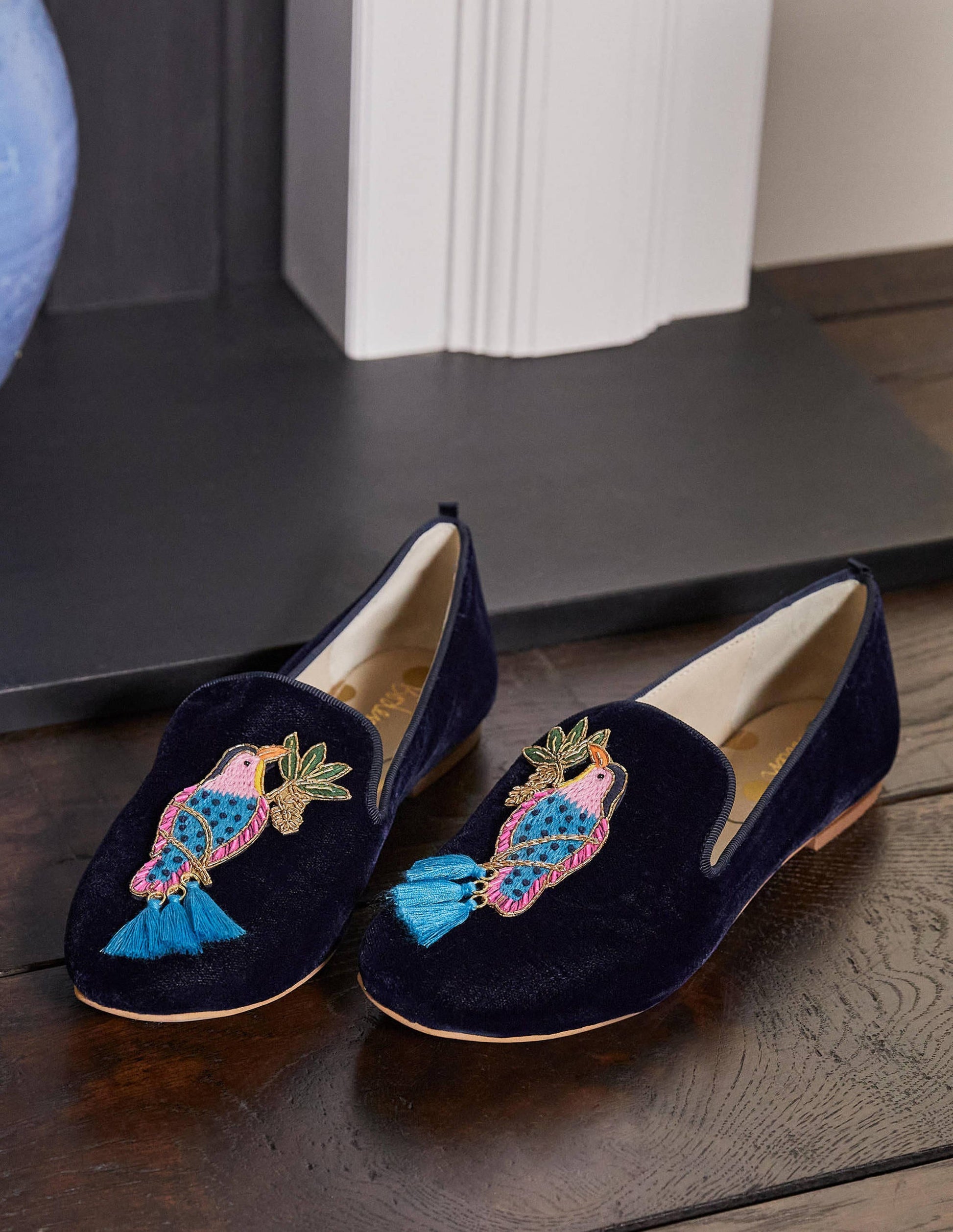 Gabriella Verzierte Loafer-Navy Samt, Vogel-1
