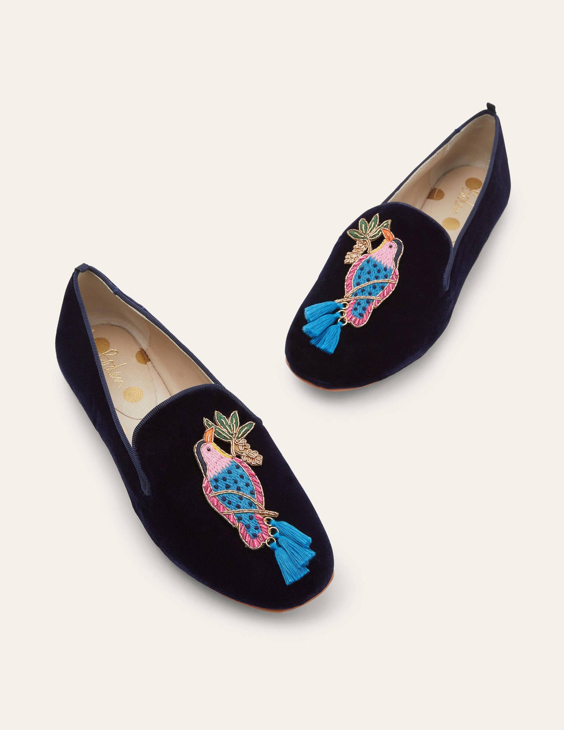 Gabriella Verzierte Loafer-Navy Samt, Vogel-3