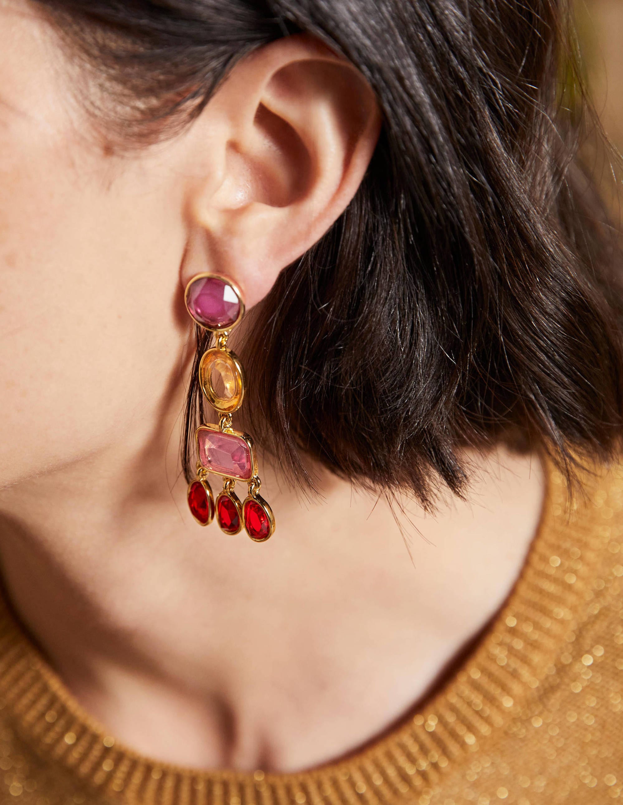 Jewelled Chandelier Earrings-Red Multi - Image 1