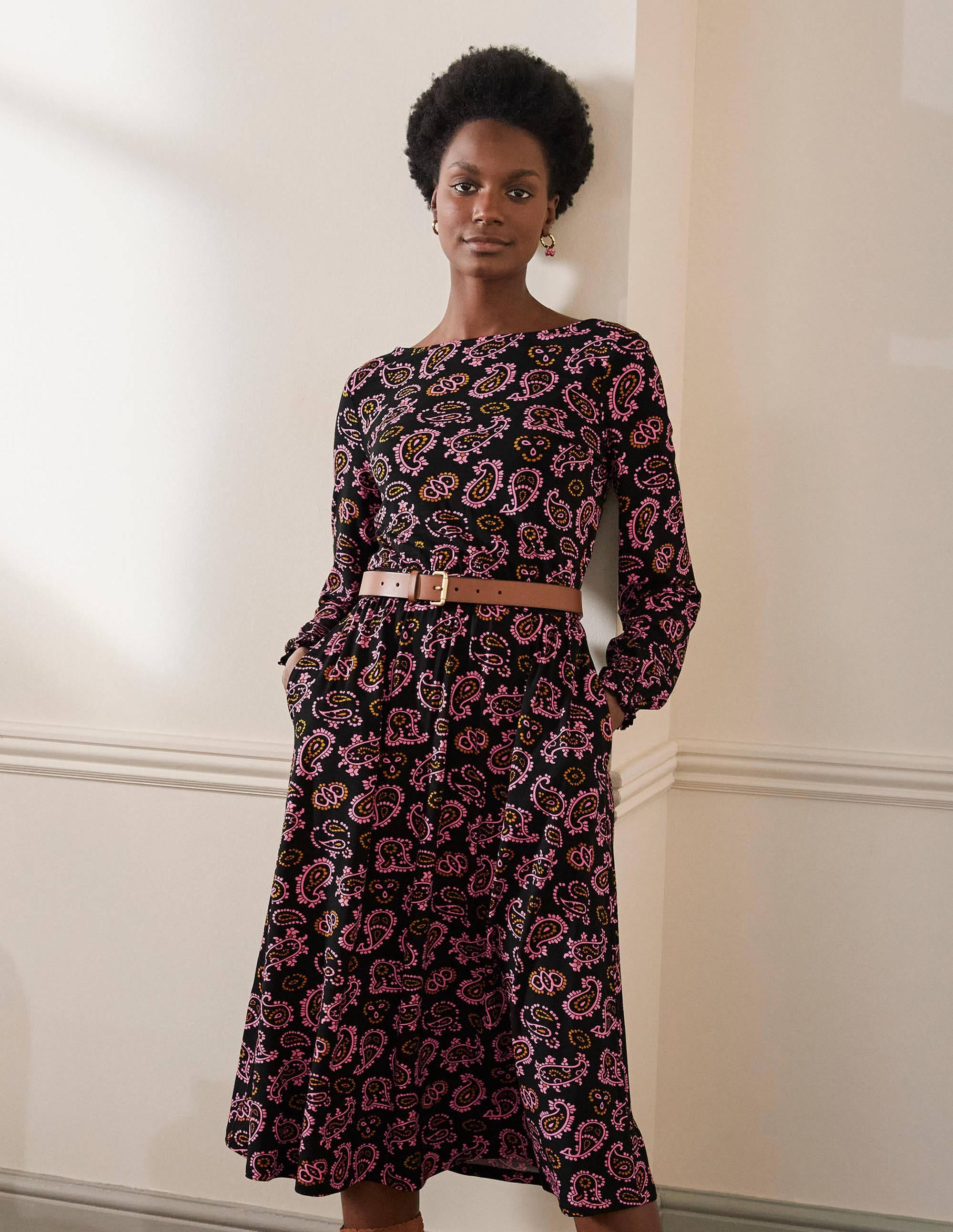 Evelyn Jersey Midi Dress-Azalea, Intricate Paisley - Image 1