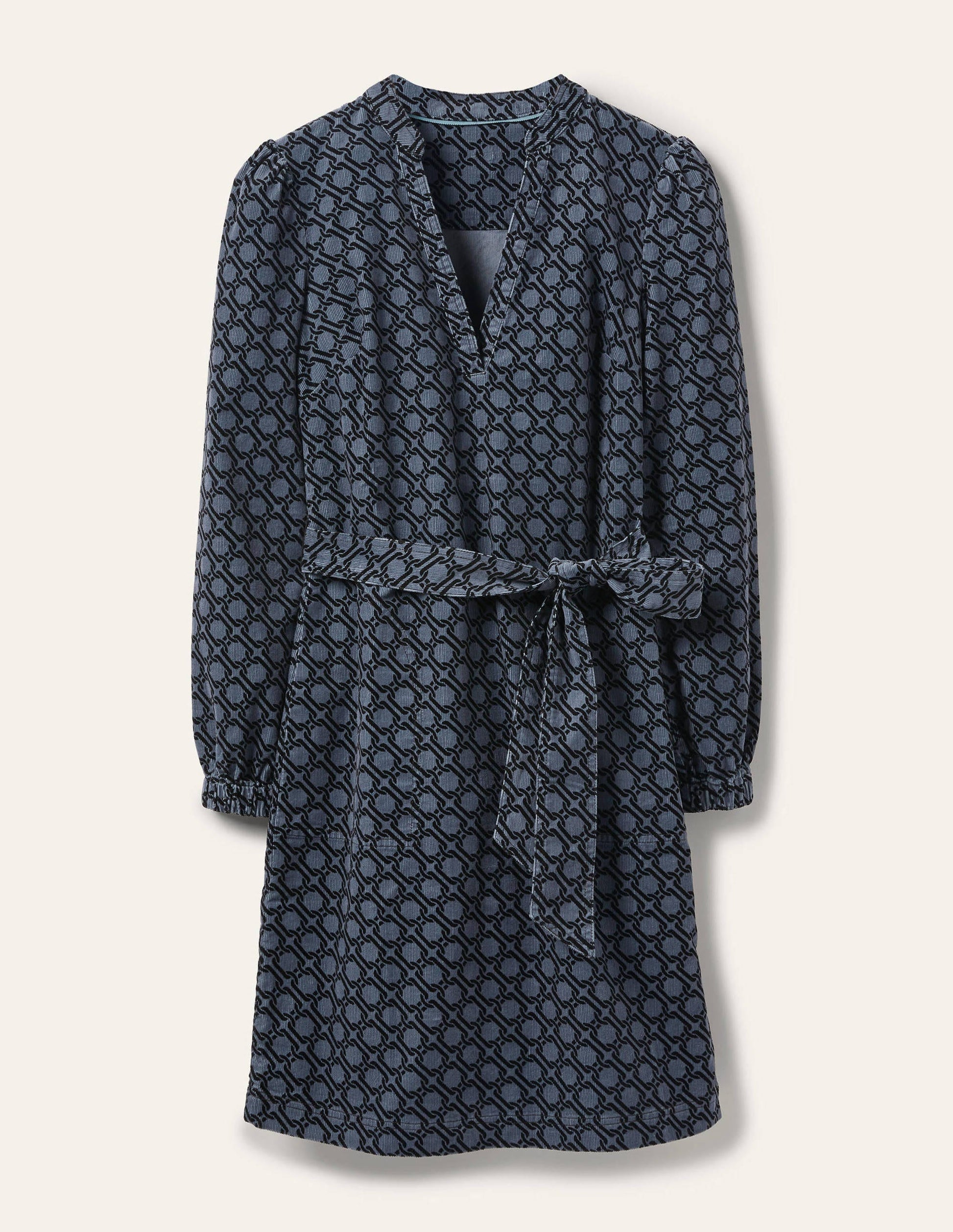 Robe Esmeralda nouée à la taille-Gris galet, motif géométrique chaîne-5