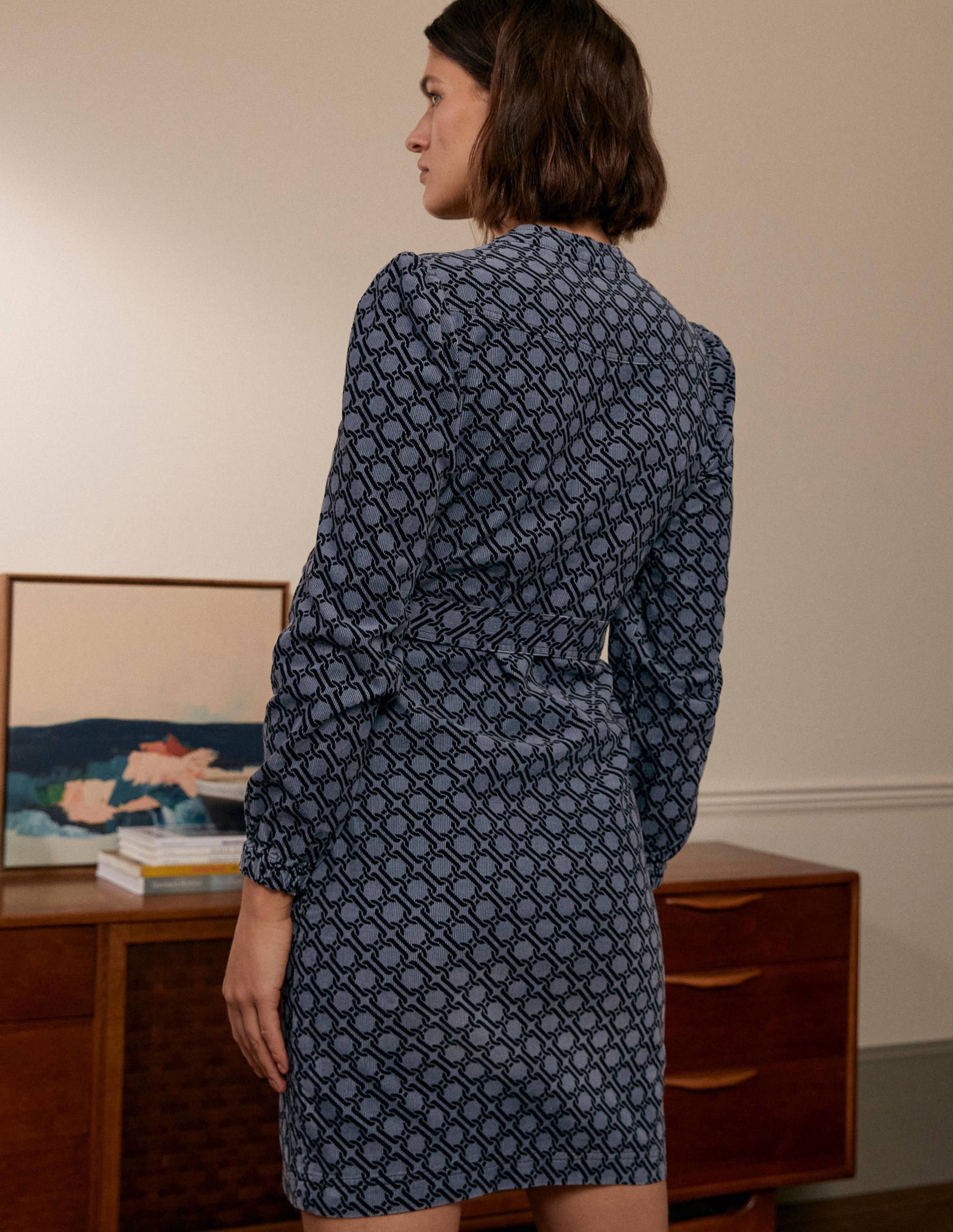 Robe Esmeralda nouée à la taille-Gris galet, motif géométrique chaîne-3