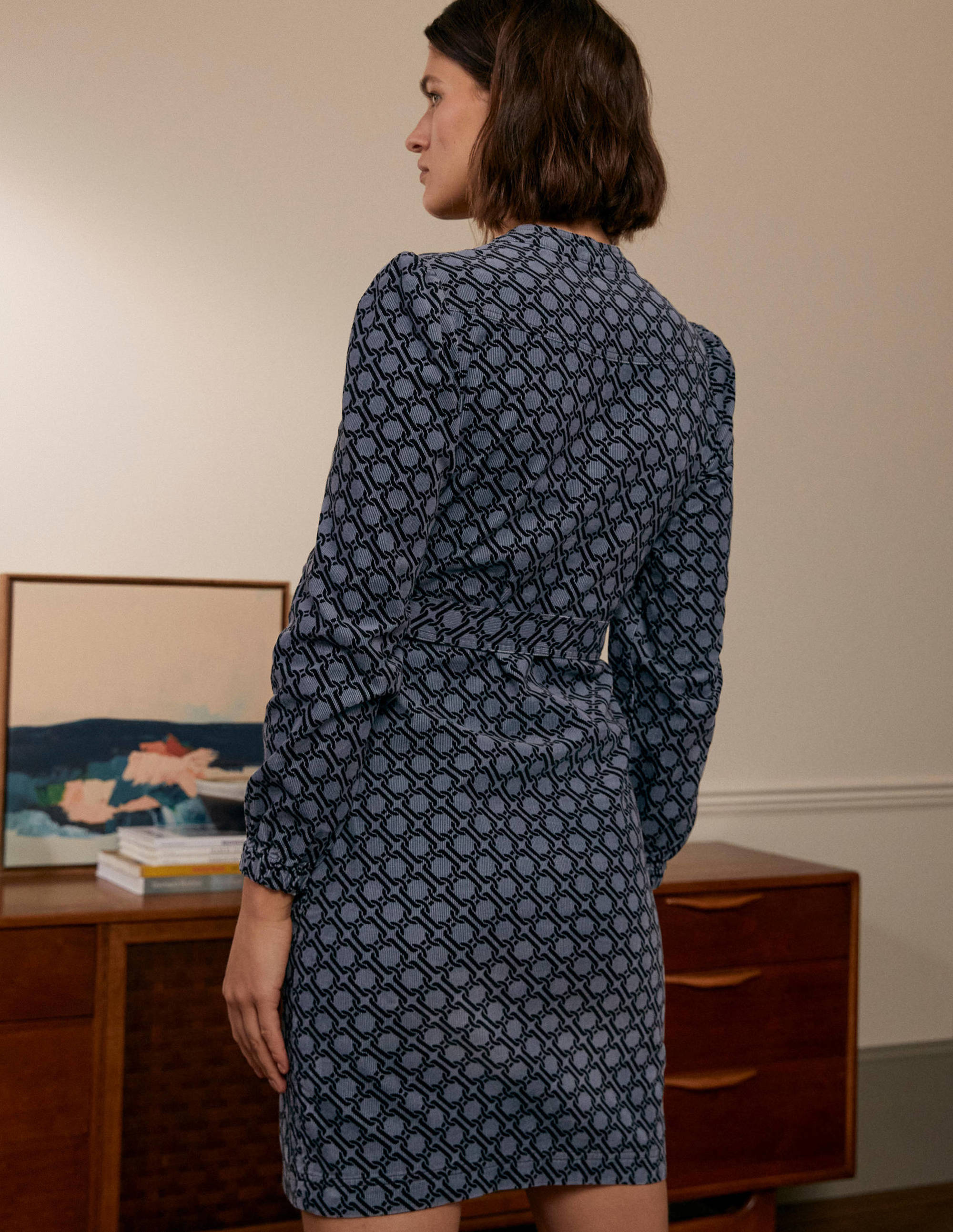 Robe Esmeralda nouée à la taille-Gris galet, motif géométrique chaîne - Image 3