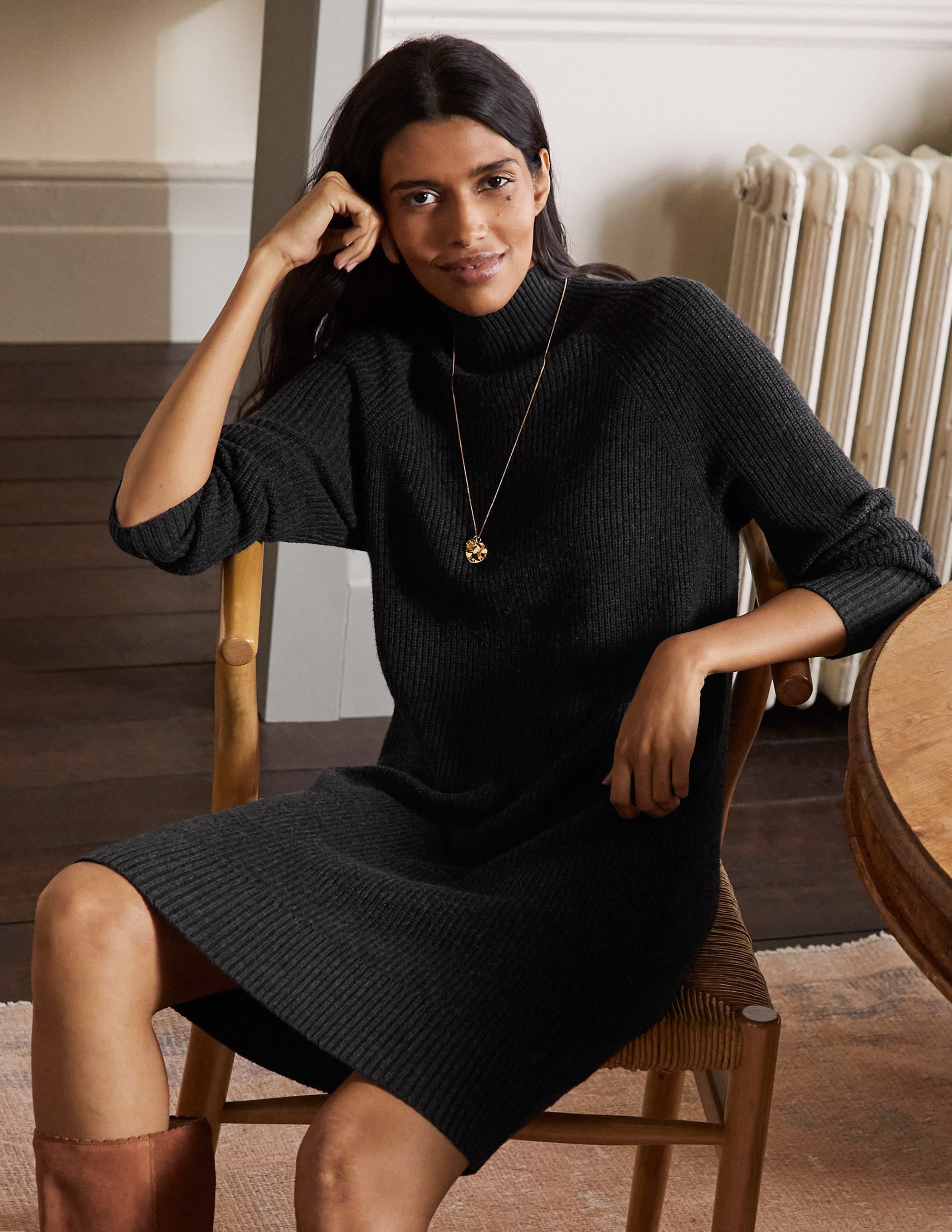 Robe à col montant en maille-Anthracite chiné - Image 1