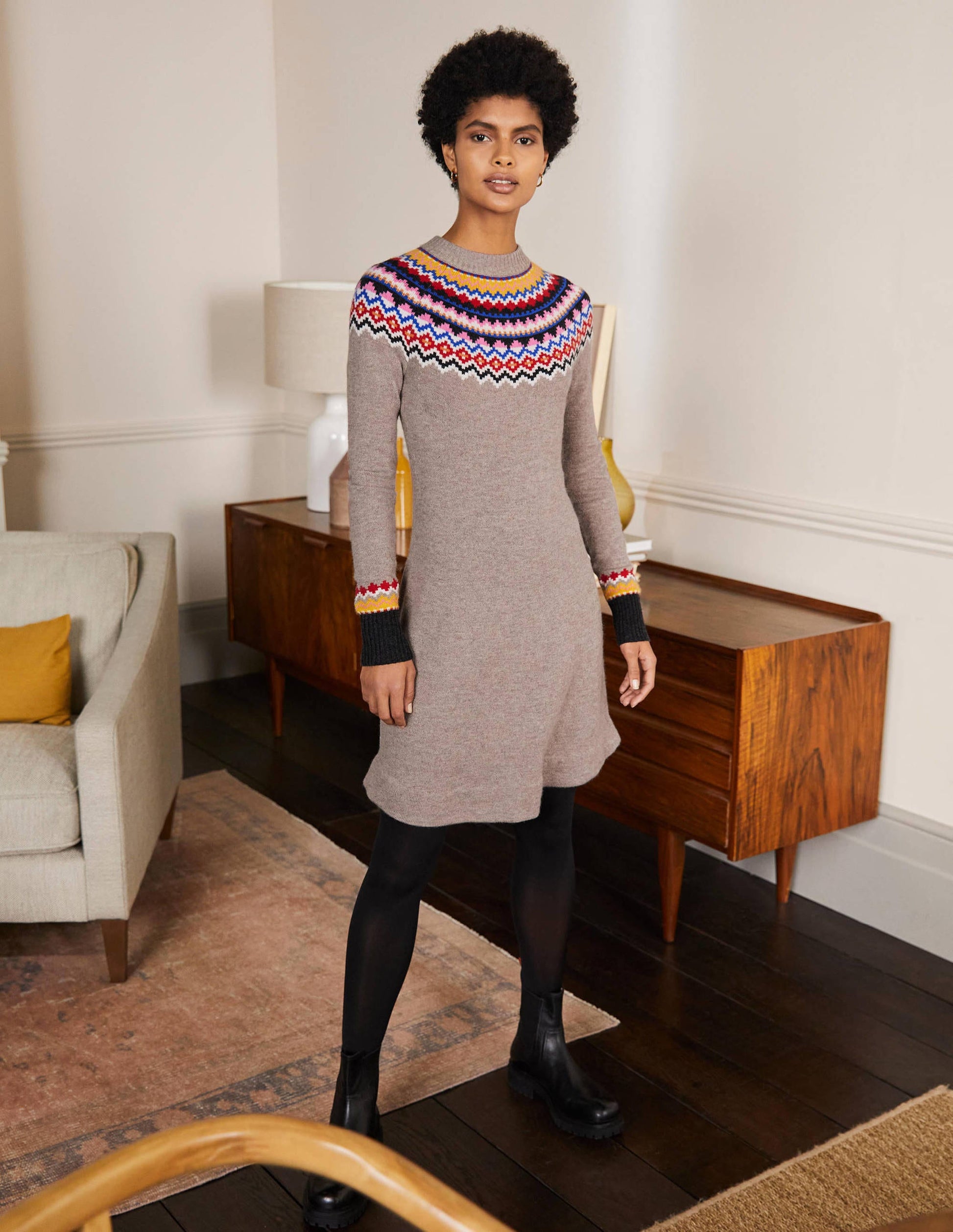 Robe Millie en maille motif jacquard-Vison chiné-4