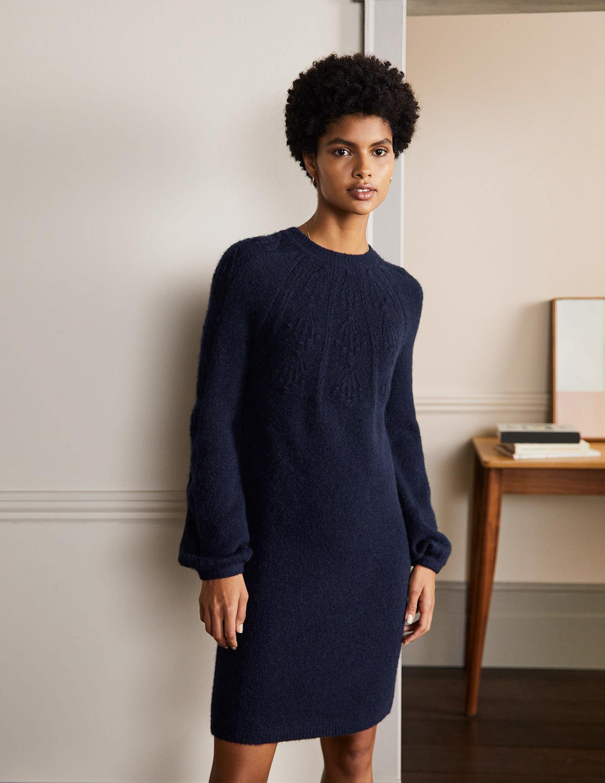 Strickkleid mit Zopfmuster-Marineblau-1