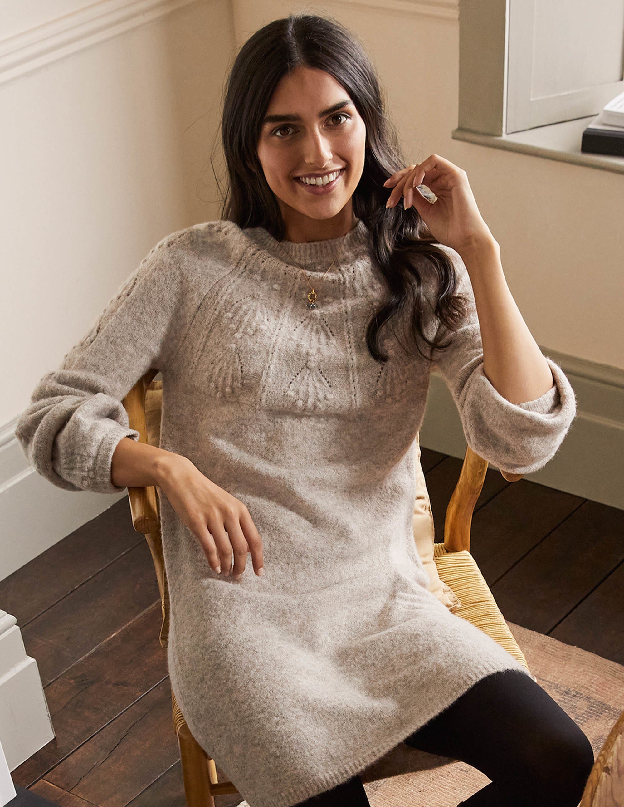 Strickkleid mit Zopfmuster-Hellbeige Melange - Image 1
