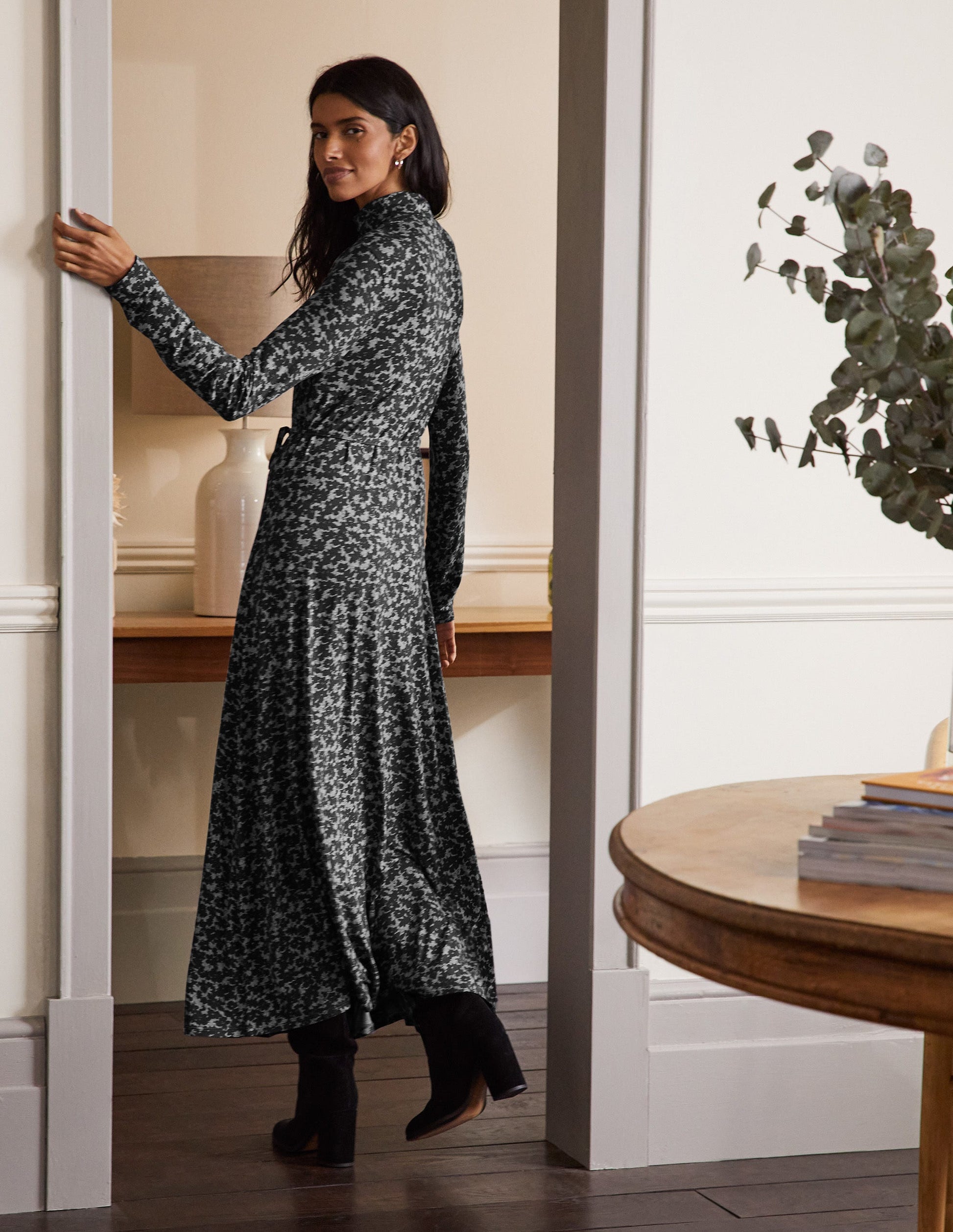 Jersey-Midikleid mit Rollkragen-Grau Meliert, Camouflage-Blumenmuster-3
