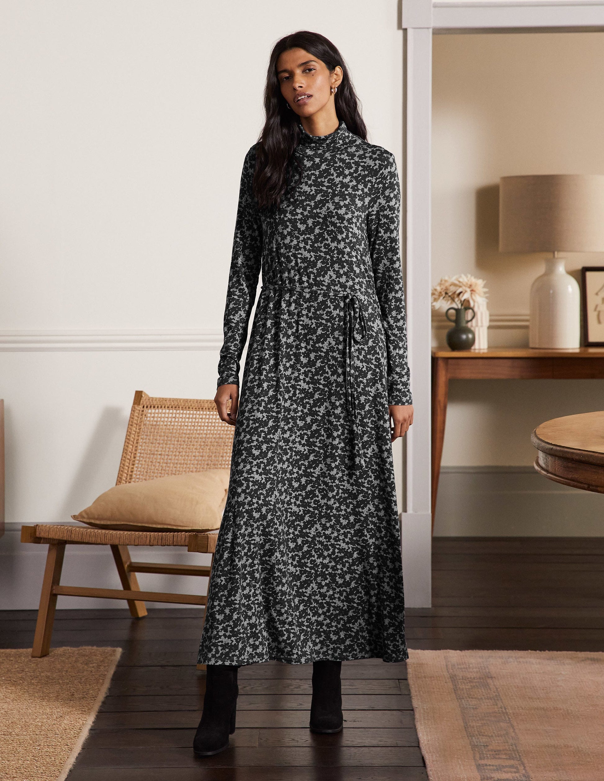 Jersey-Midikleid mit Rollkragen-Grau Meliert, Camouflage-Blumenmuster-4