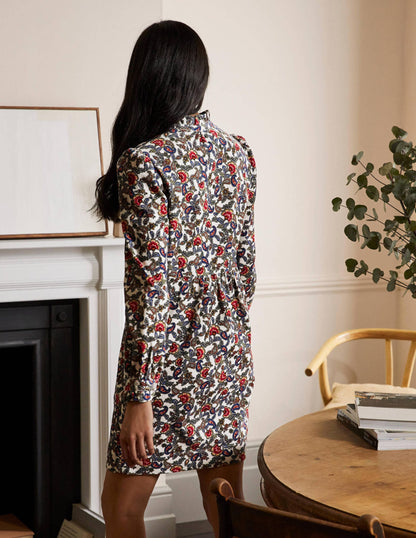 Robe à col volanté en velours côtelé-Ivoire, motif floral exotique-3