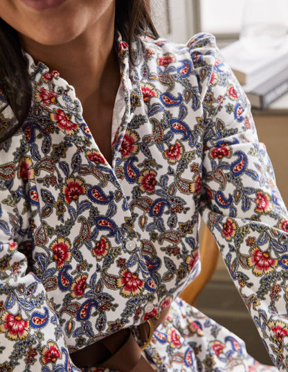 Robe à col volanté en velours côtelé-Ivoire, motif floral exotique-4