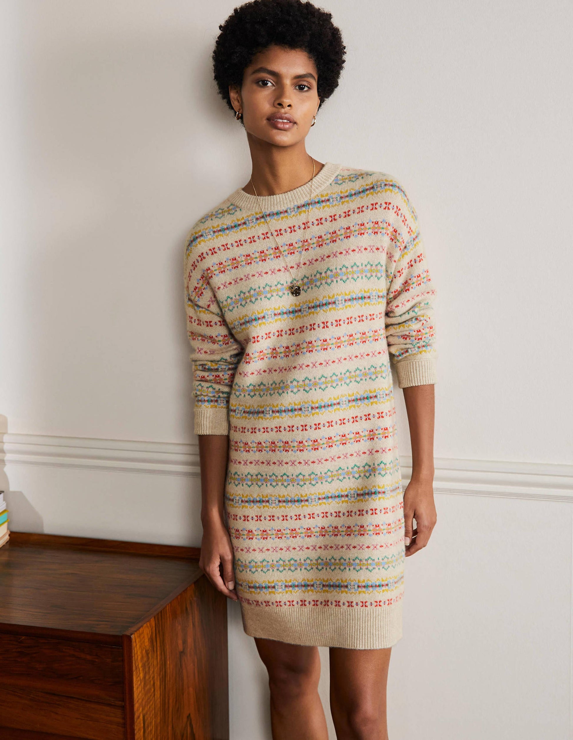 Fair-Isle-Kleid aus Kaschmir-Hellbeige Melange-1