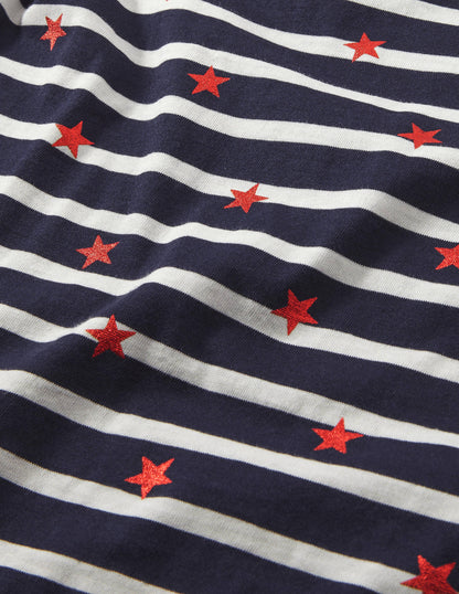 Langärmliges Bretonshirt-Navy/Naturweiß/Rot, Folienstern