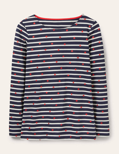 Langärmliges Bretonshirt-Navy/Naturweiß/Rot, Folienstern