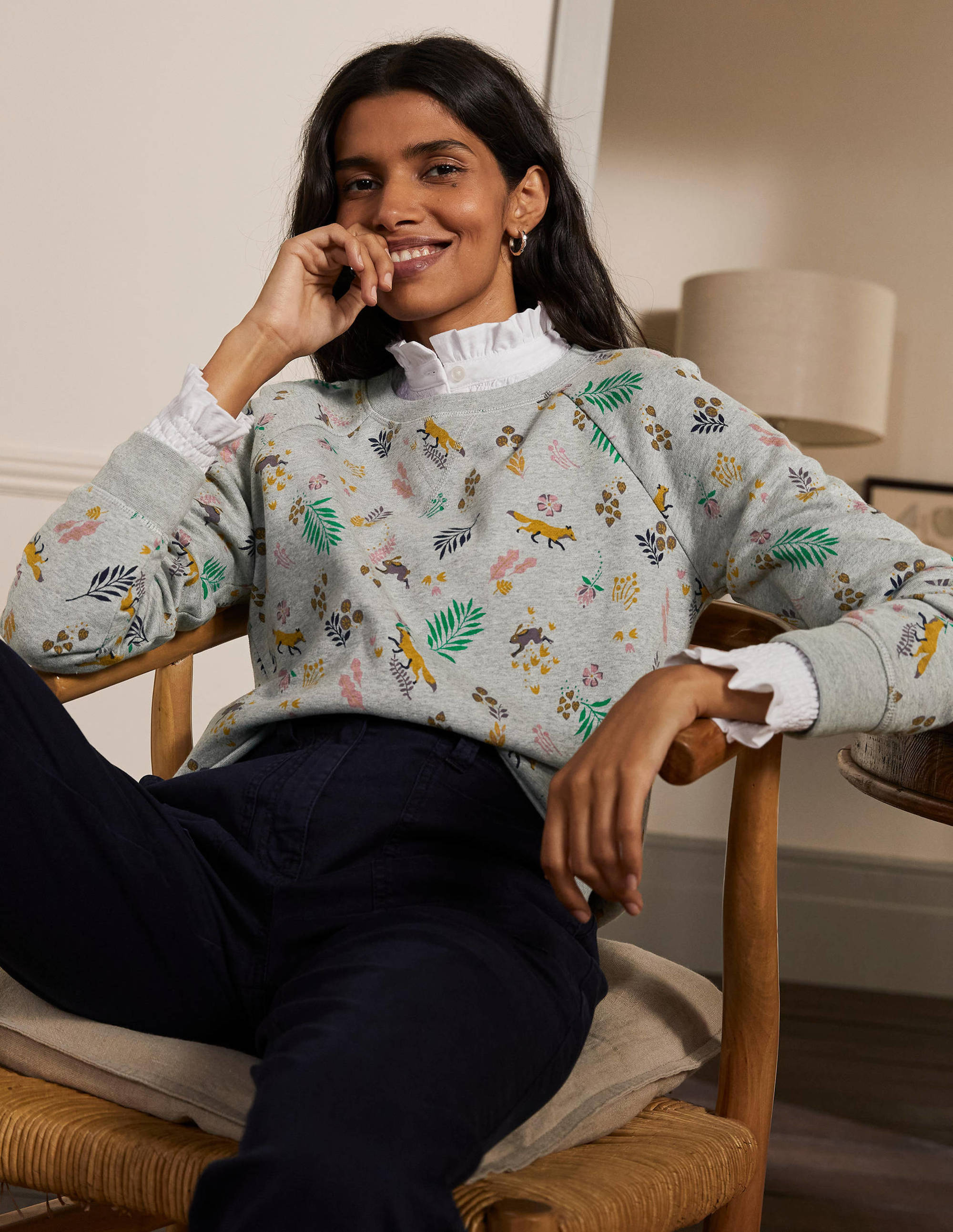 Gemustertes Sweatshirt aus Baumwolle-Grau Meliert, Fuchs/Wald - Image 1