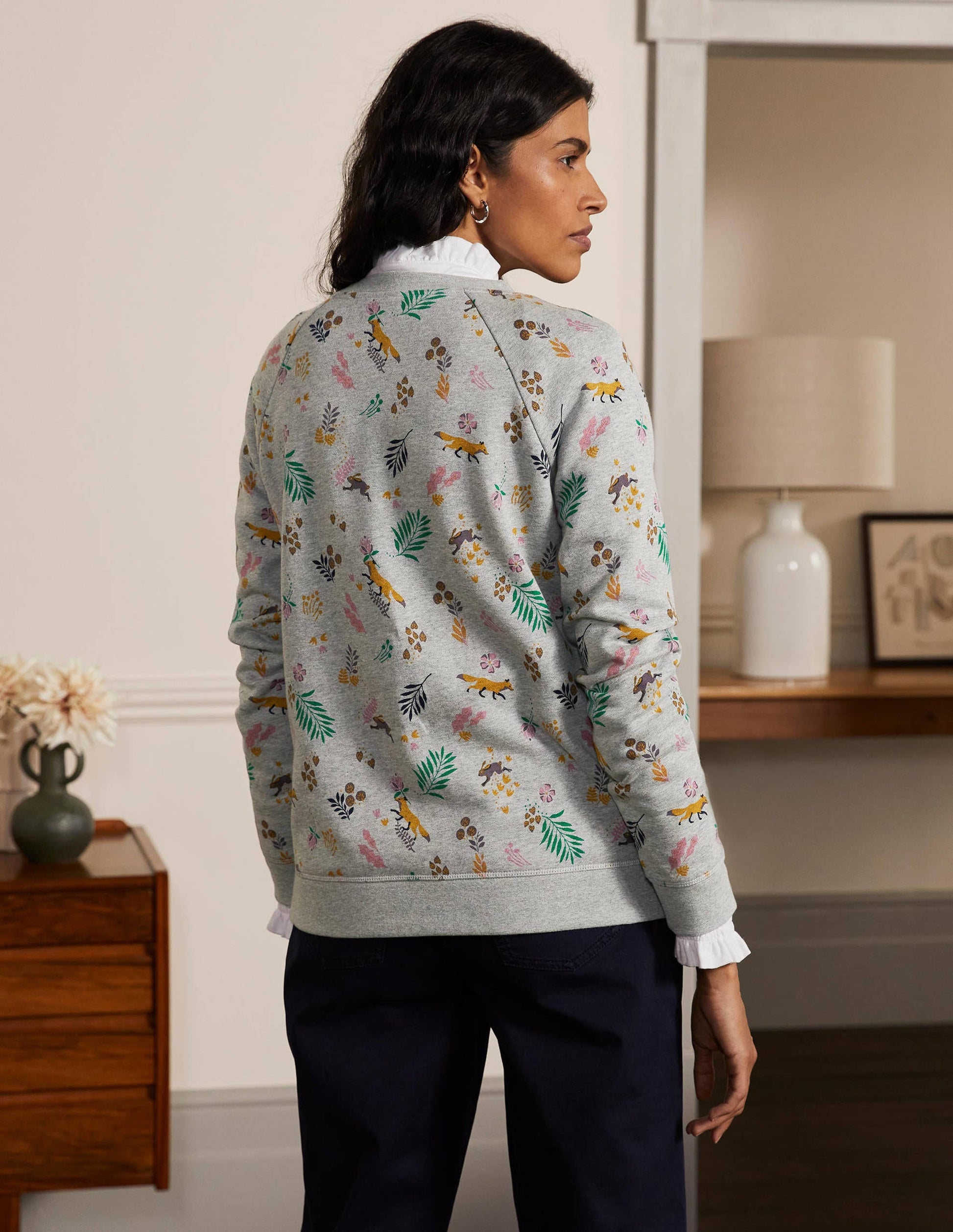 Gemustertes Sweatshirt aus Baumwolle-Grau Meliert, Fuchs/Wald-2