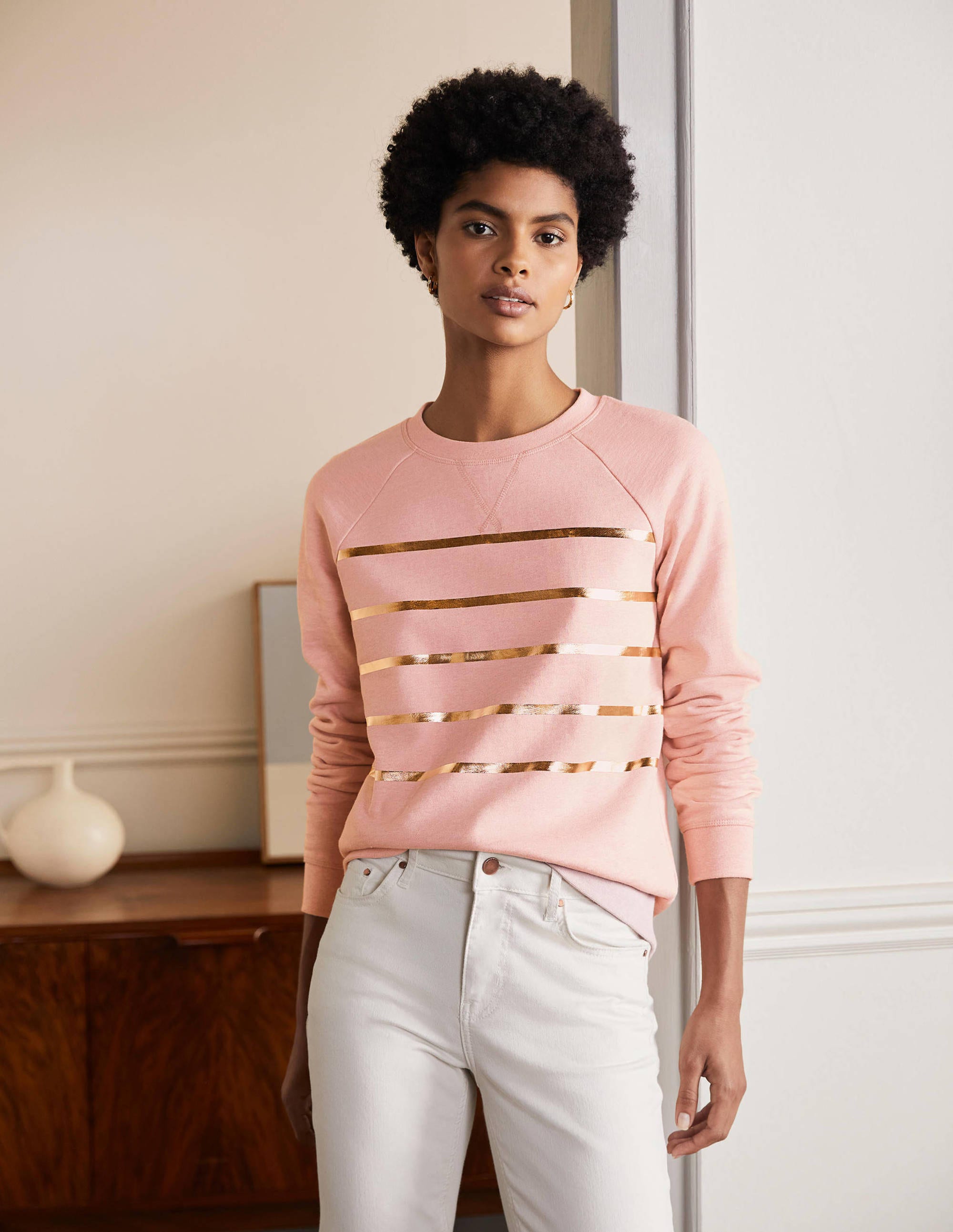 Sweat en coton imprimé-Rose chiné, rayé métallisé doré - Image 1