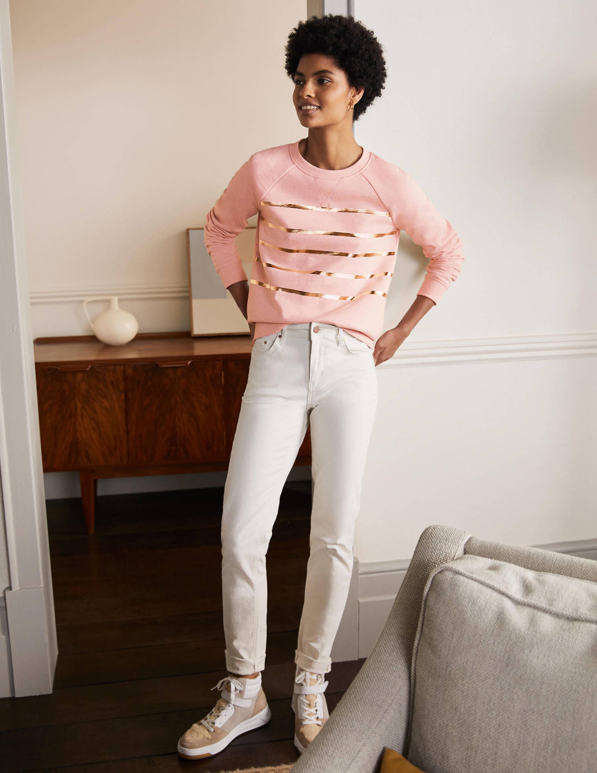 Sweat en coton imprimé-Rose chiné, rayé métallisé doré - Image 4