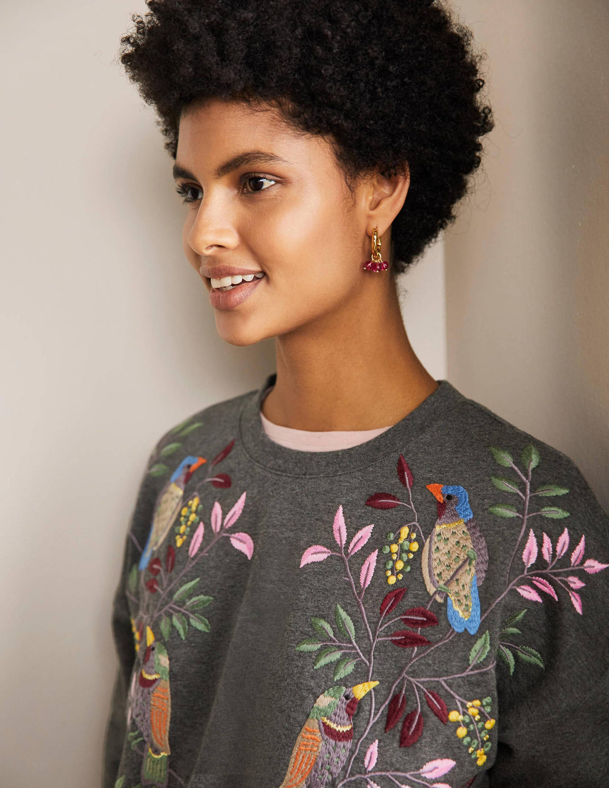 Jasmine Sweatshirt-Anthrazit Meliert, Vogel-Stickerei-2