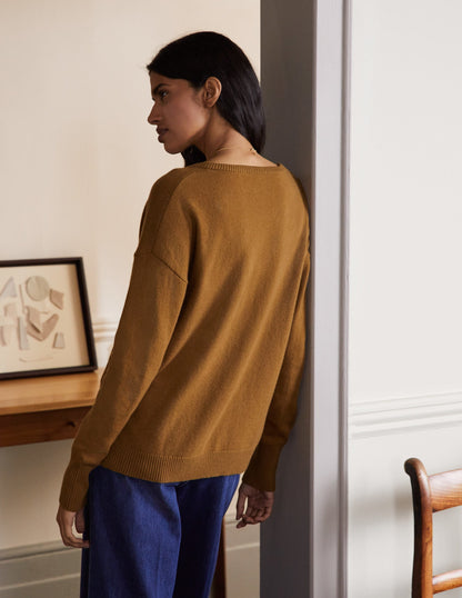 Lässiger Kaschmirpullover mit V-Ausschnitt-Rauchiges Topasblau-3