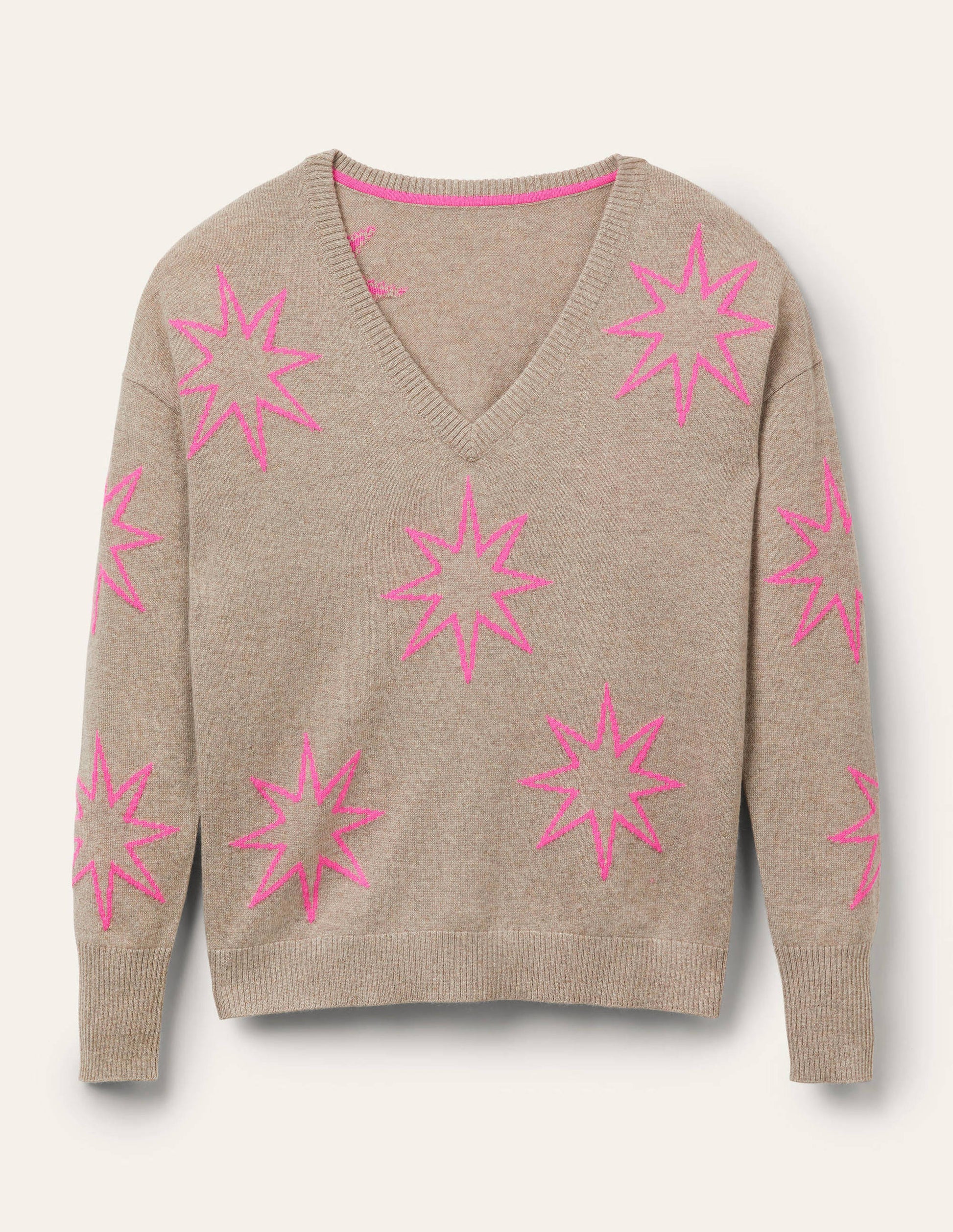 Lässiger Kaschmirpullover mit V-Ausschnitt-Grauer Achat, Neonrosa Sterne-5