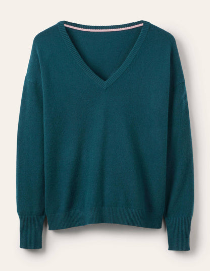 Lässiger Kaschmirpullover mit V-Ausschnitt-Jadegrün