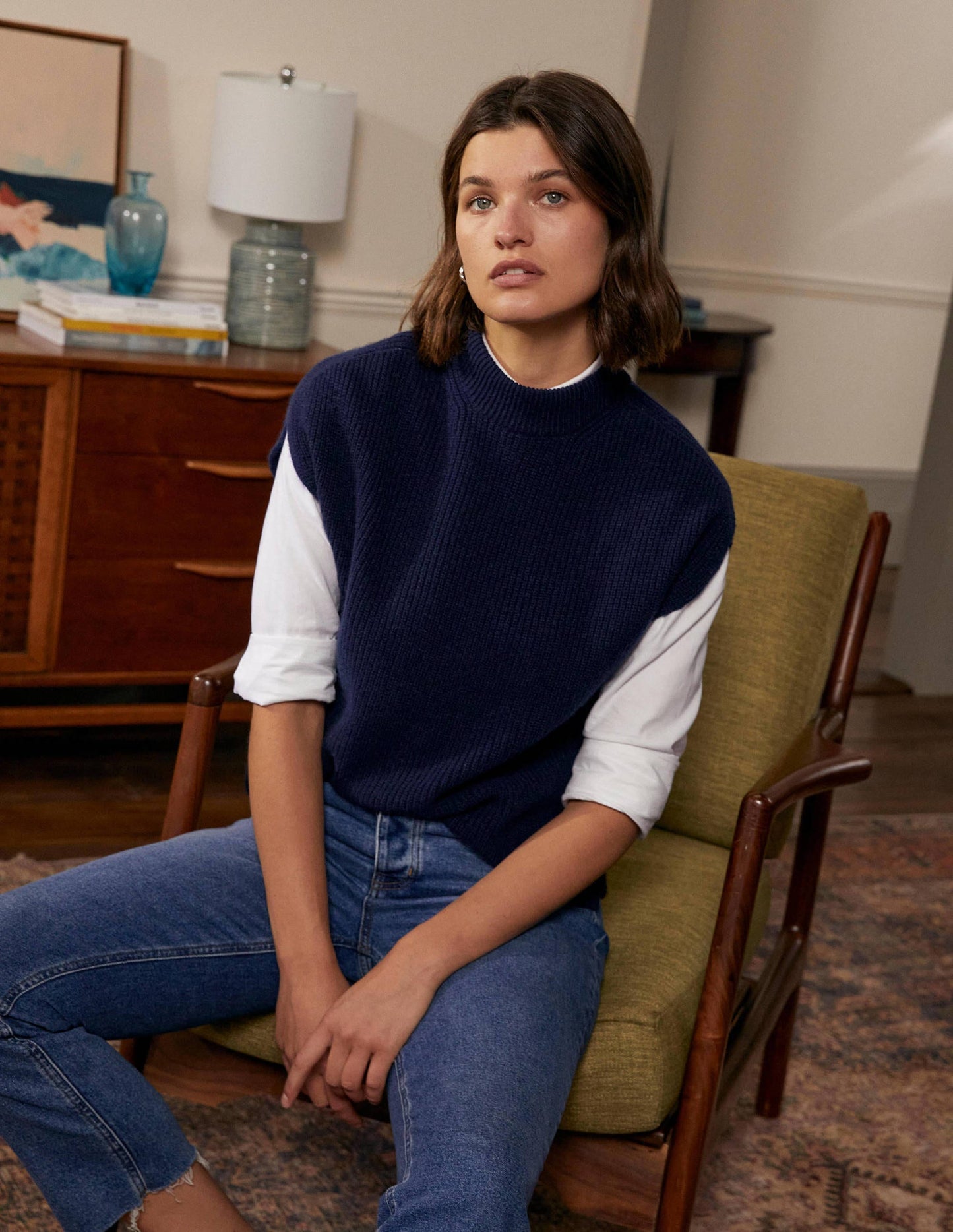 Pull côtelé sans manches et décontracté-Bleu marine