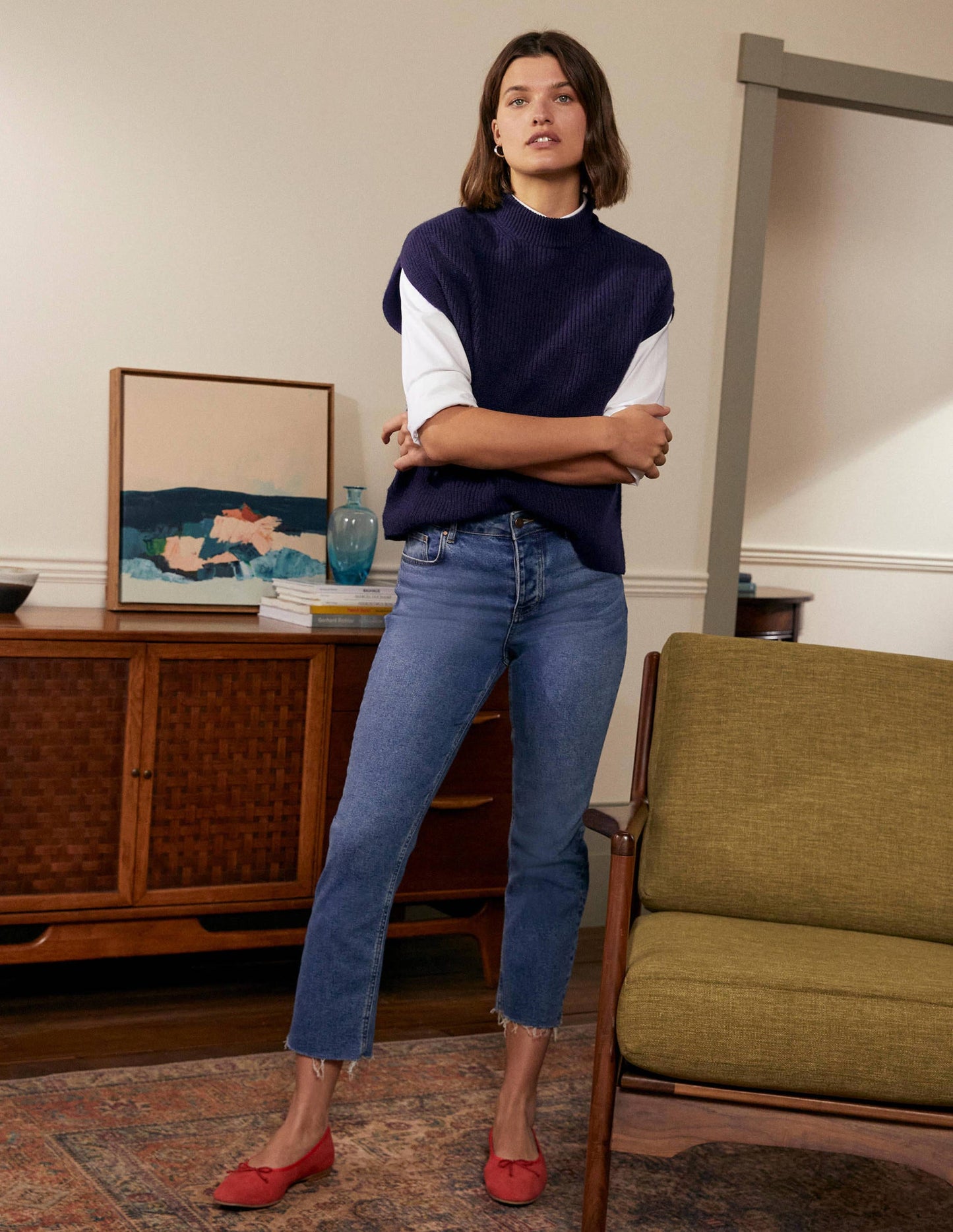 Pull côtelé sans manches et décontracté-Bleu marine