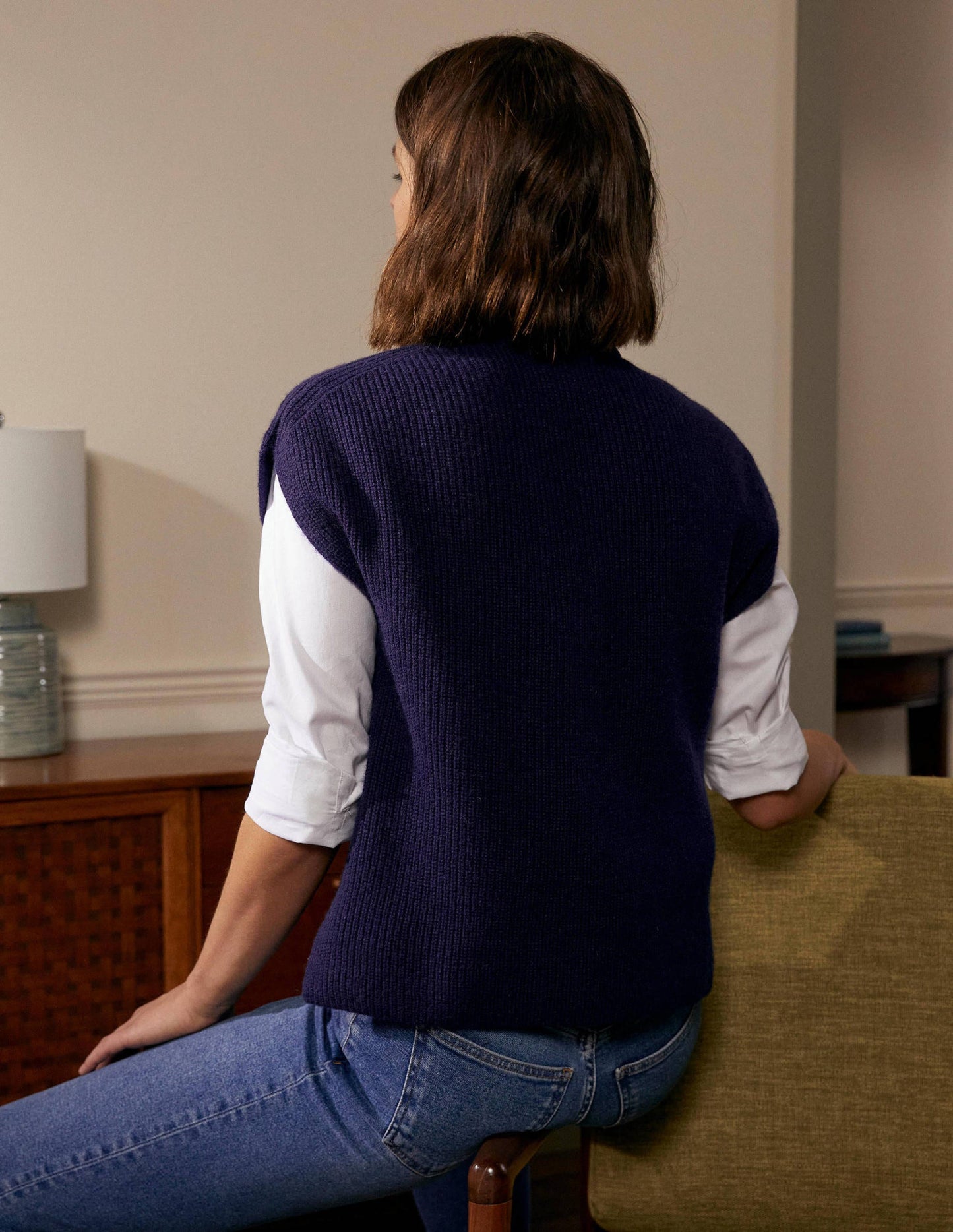 Pull côtelé sans manches et décontracté-Bleu marine