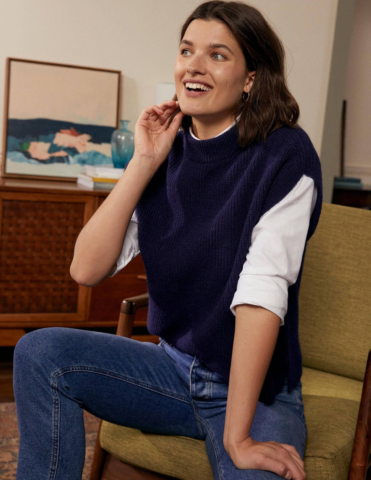 Pull côtelé sans manches et décontracté-Bleu marine