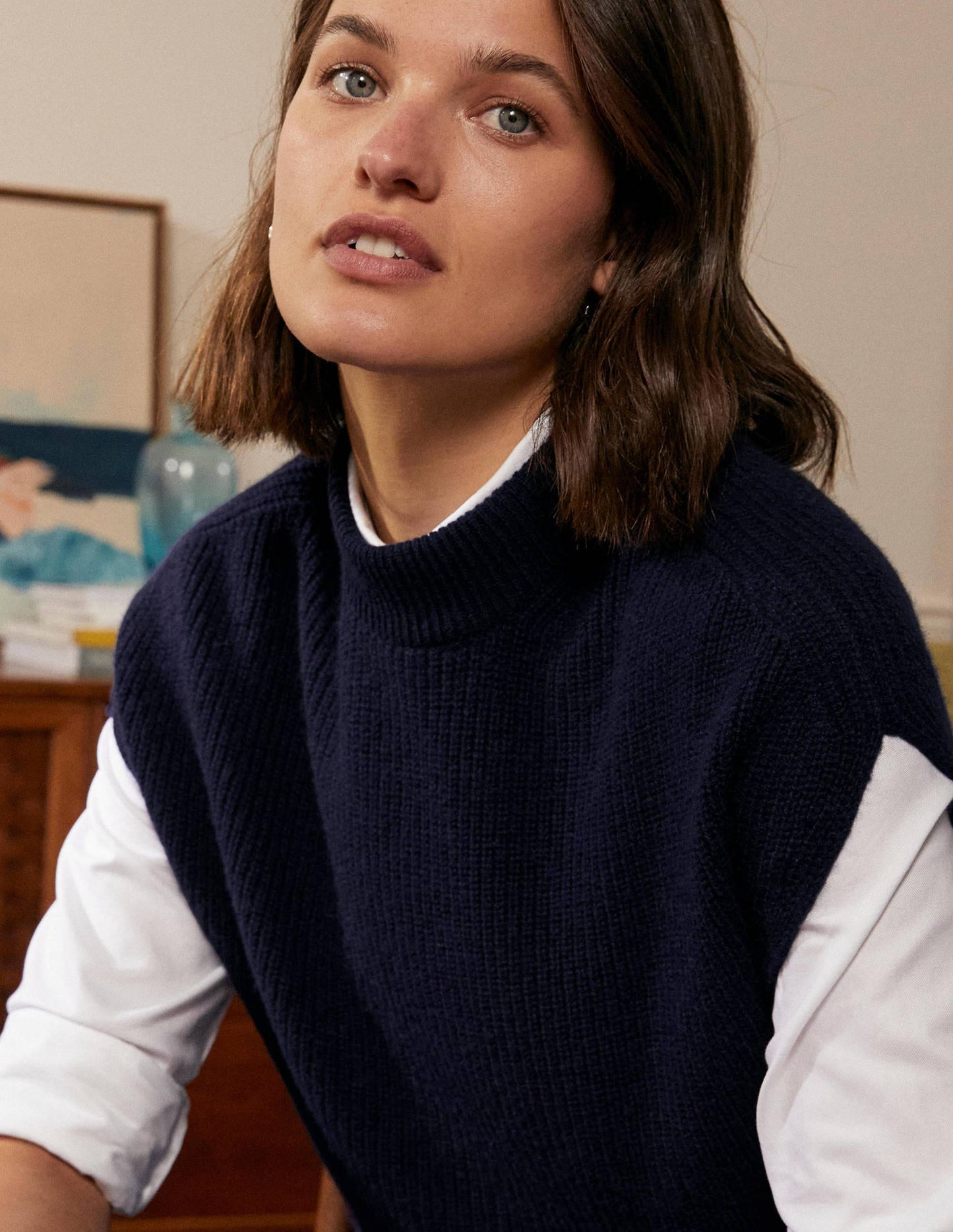 Pull côtelé sans manches et décontracté-Bleu marine