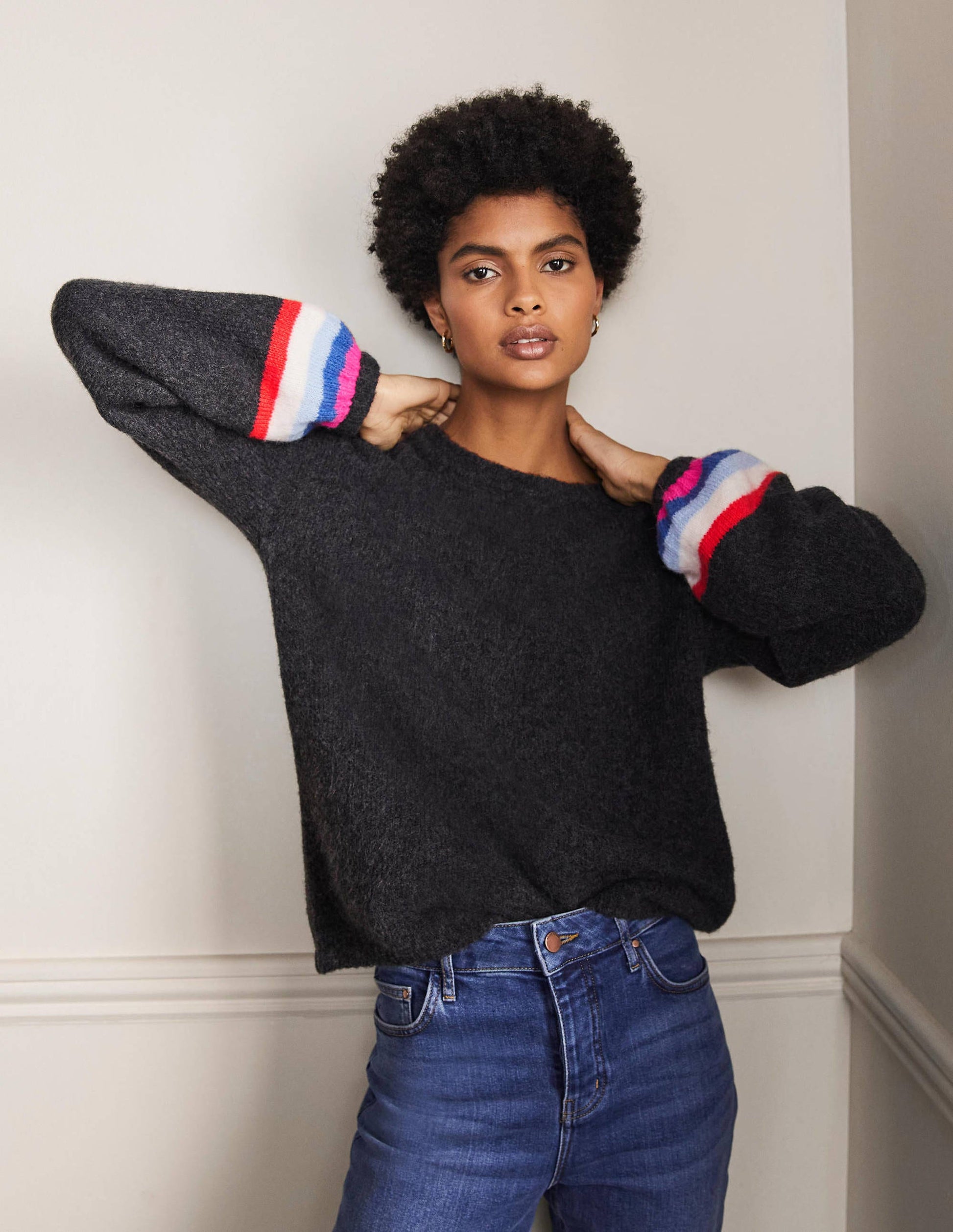 Fluffy Stripe Jumper-Charcoal Melange-1