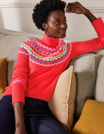 Anna Kaschmirpullover-Korallenrosa, Fair-Isle-Muster