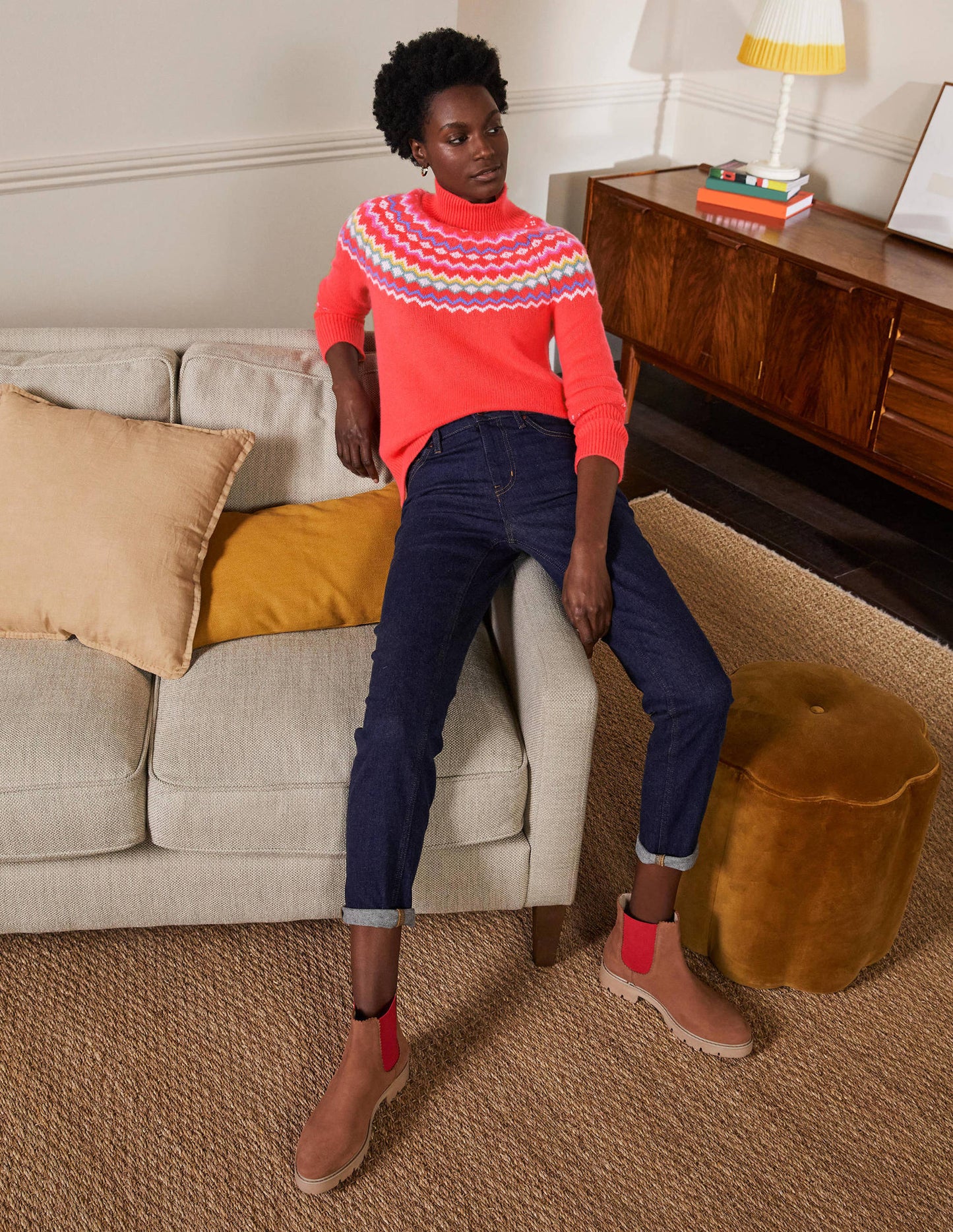 Anna Kaschmirpullover-Korallenrosa, Fair-Isle-Muster