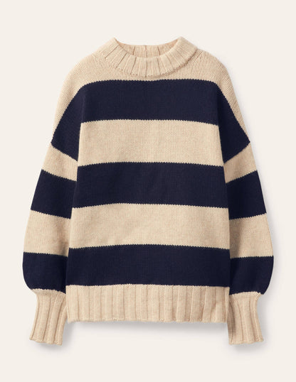Grobstrickpullover aus Kaschmir-Saphirblau, Gestreift