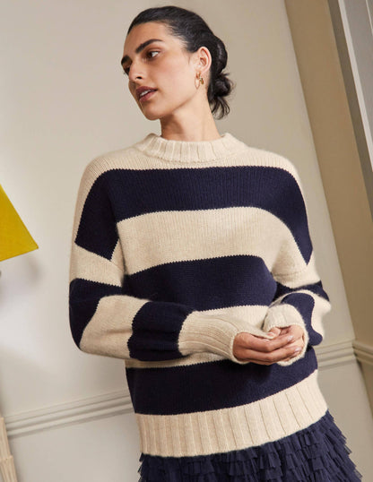 Grobstrickpullover aus Kaschmir-Saphirblau, Gestreift