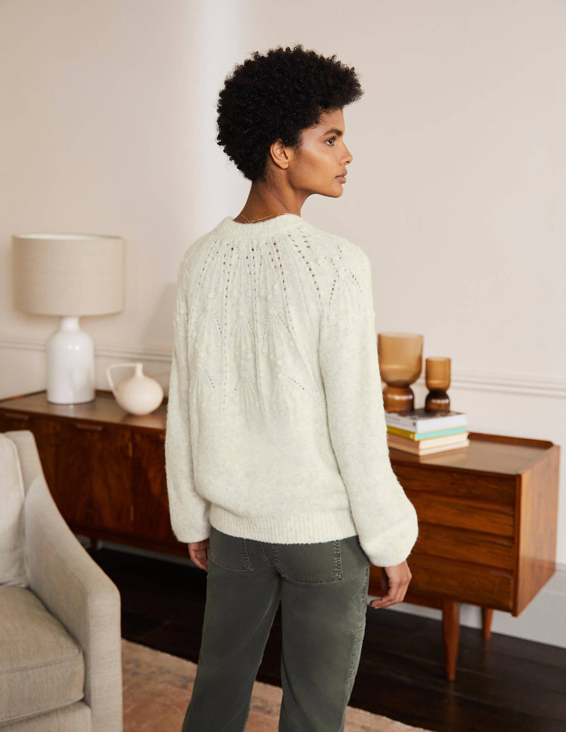 Locker Pullover mit Zopfstrickmuster-Naturweiß Melange-3