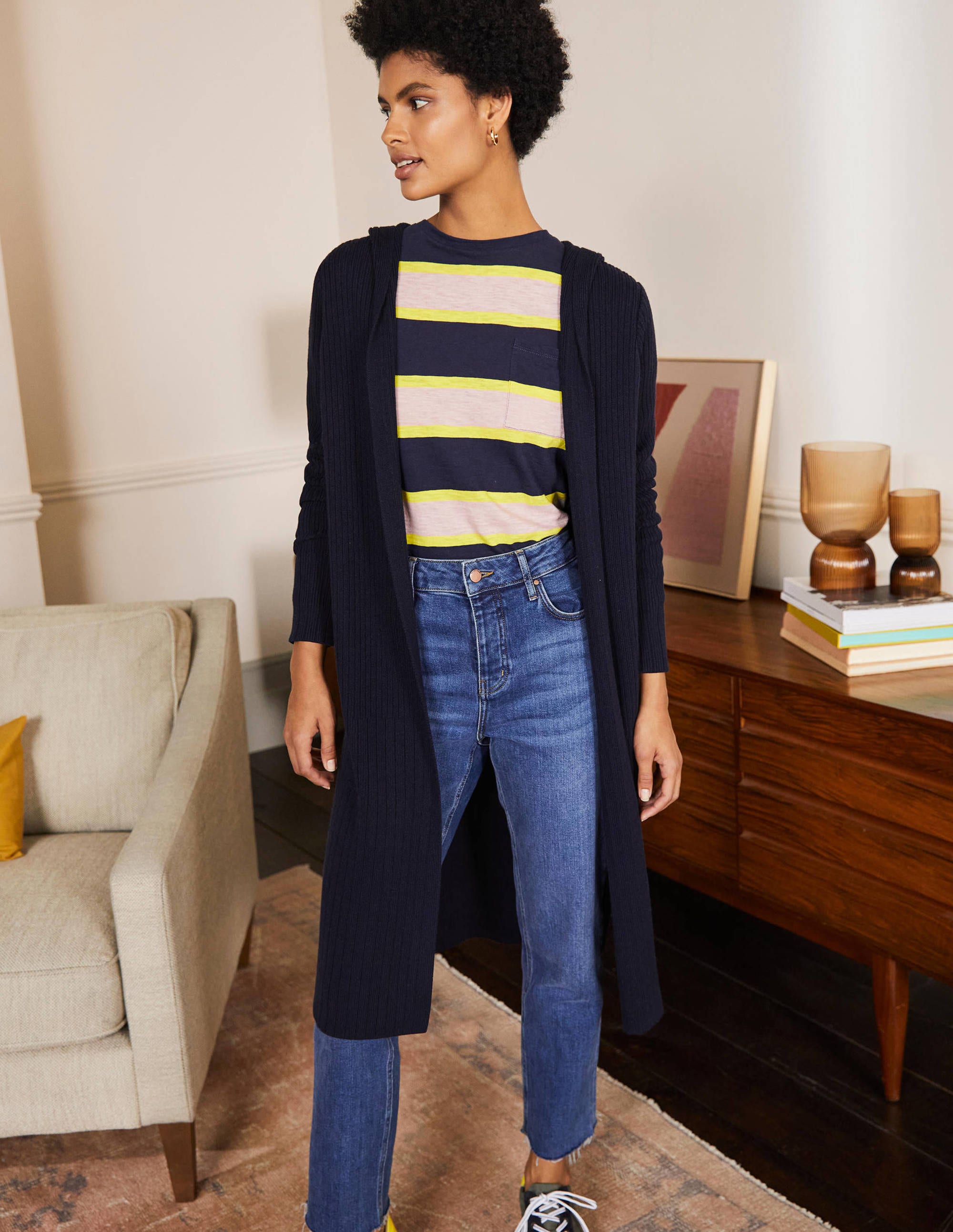 Lockerer Cardigan mit Kapuze-Marineblau - Image 1