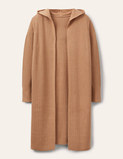 Lockerer Cardigan mit Kapuze-Kamelbraun Melange