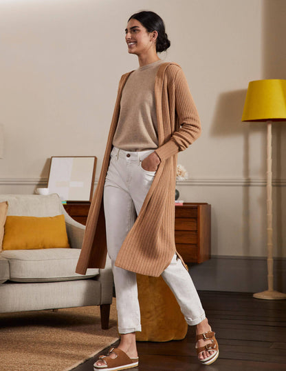 Lockerer Cardigan mit Kapuze-Kamelbraun Melange