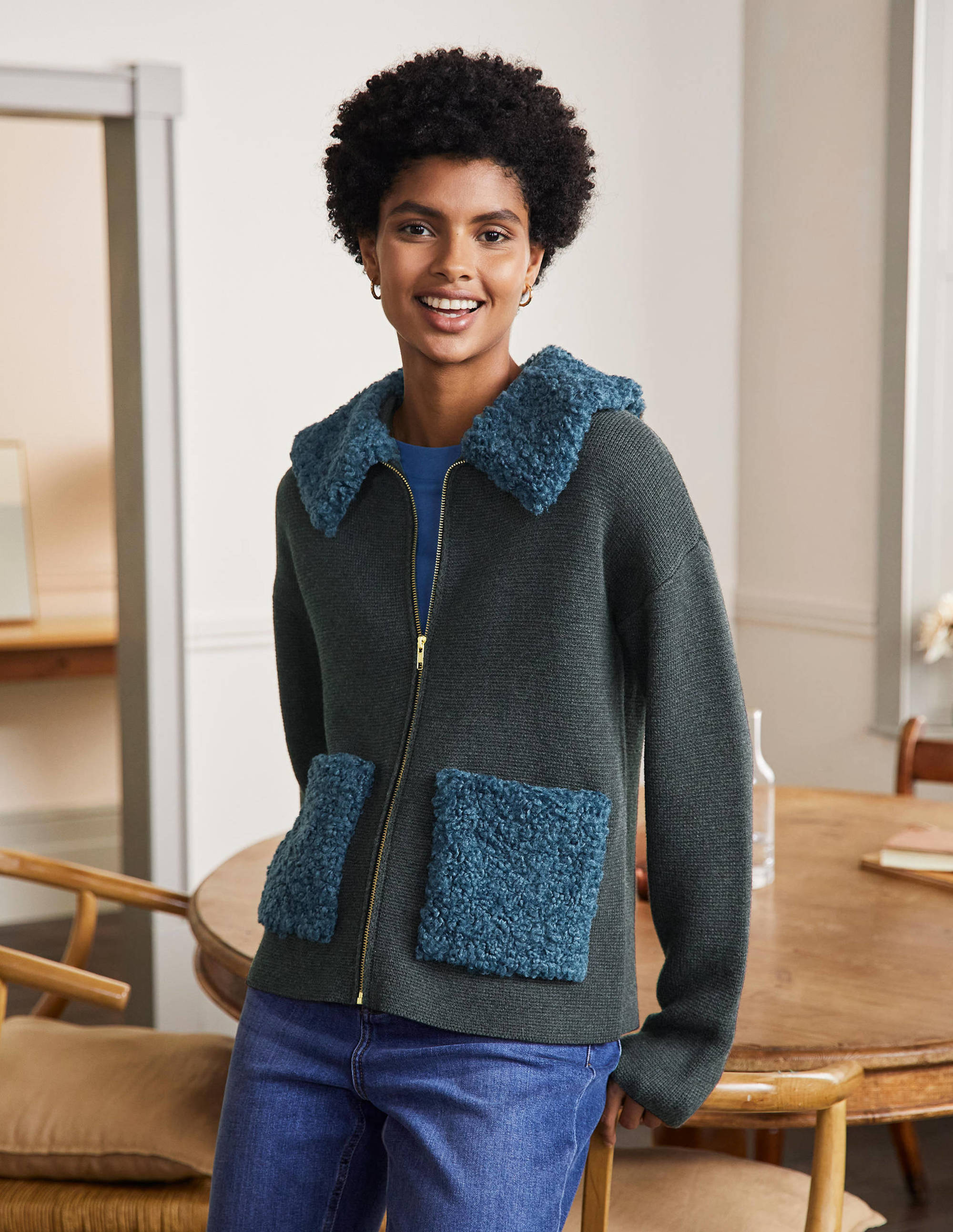 Manteau court façon cardigan en borg-Anthracite chiné - Image 1