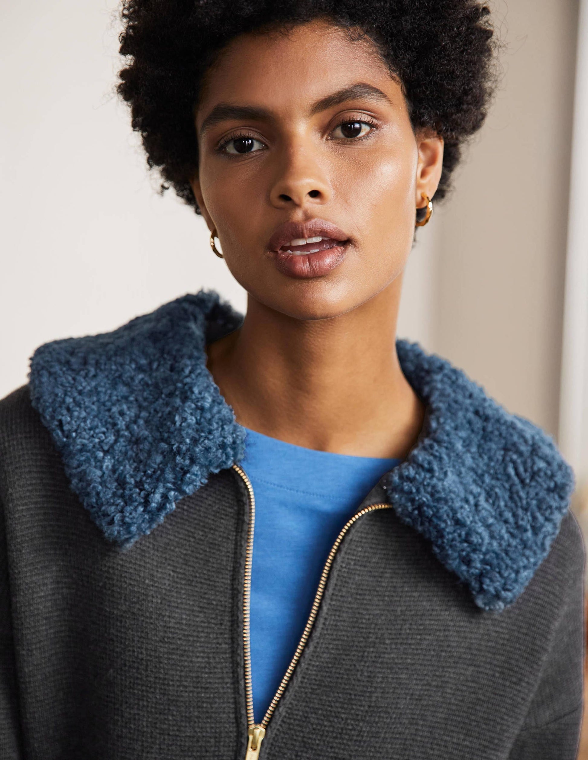 Manteau court façon cardigan en borg-Anthracite chiné-2