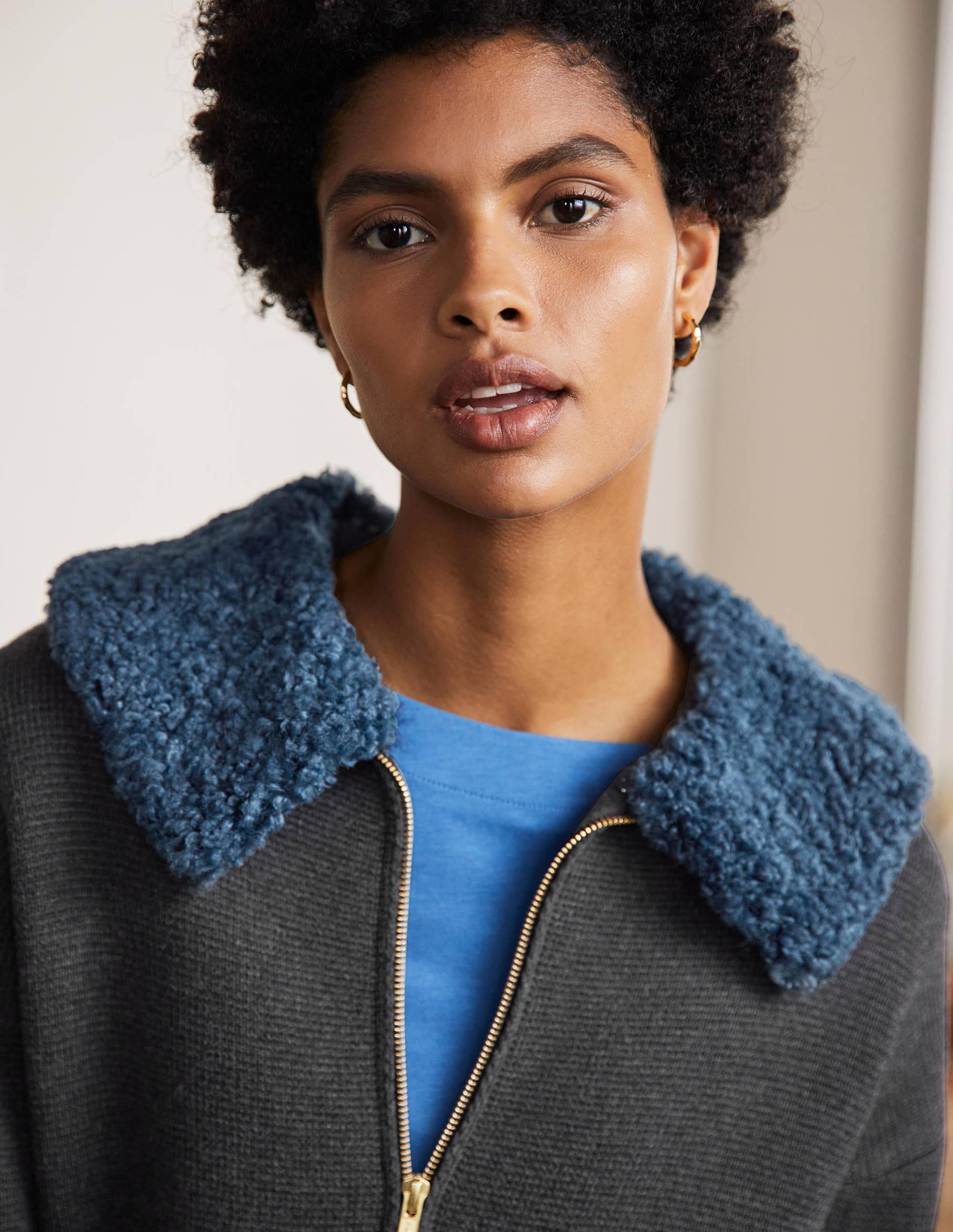 Manteau court façon cardigan en borg-Anthracite chiné - Image 2