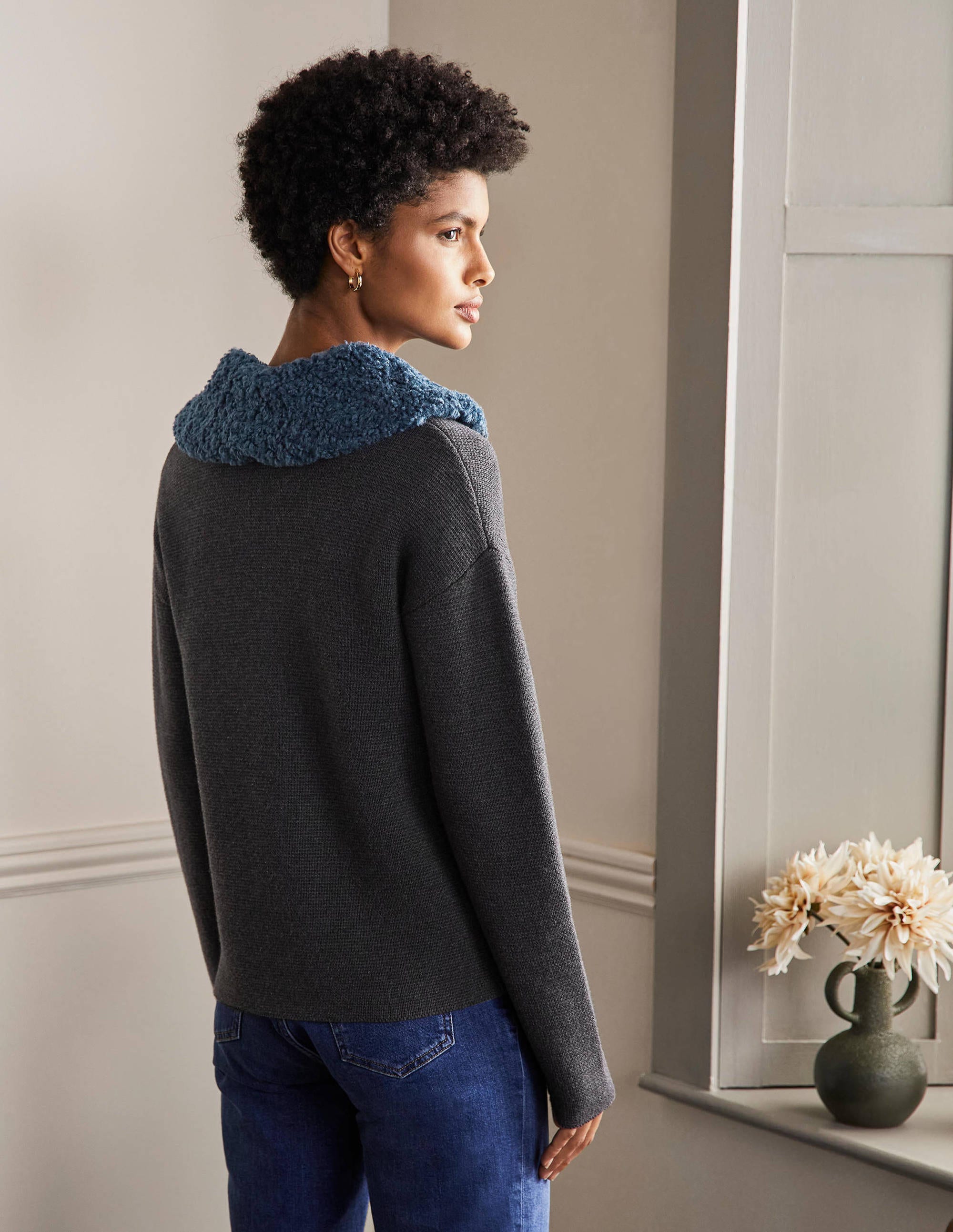 Manteau court façon cardigan en borg-Anthracite chiné - Image 3