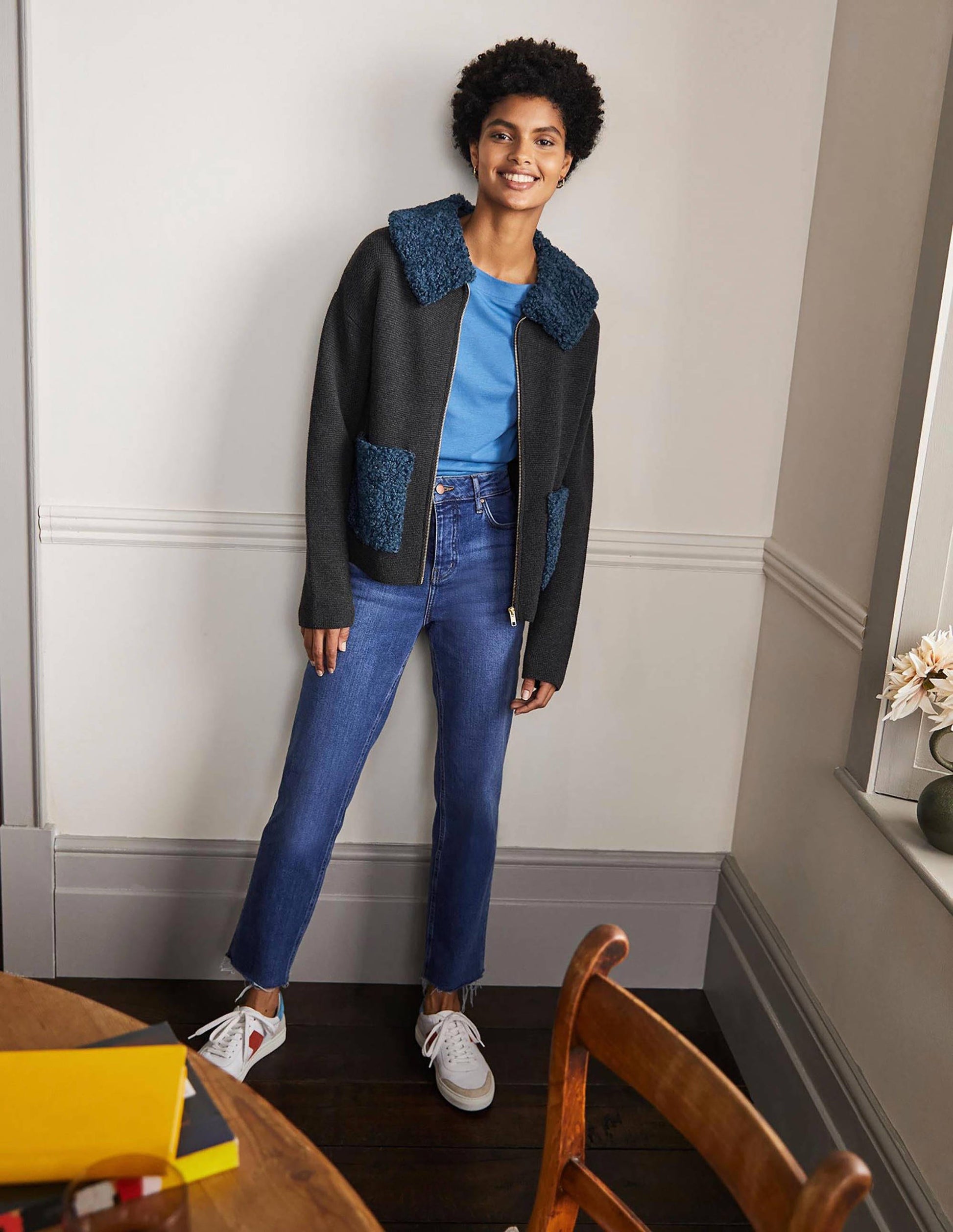 Manteau court façon cardigan en borg-Anthracite chiné-4