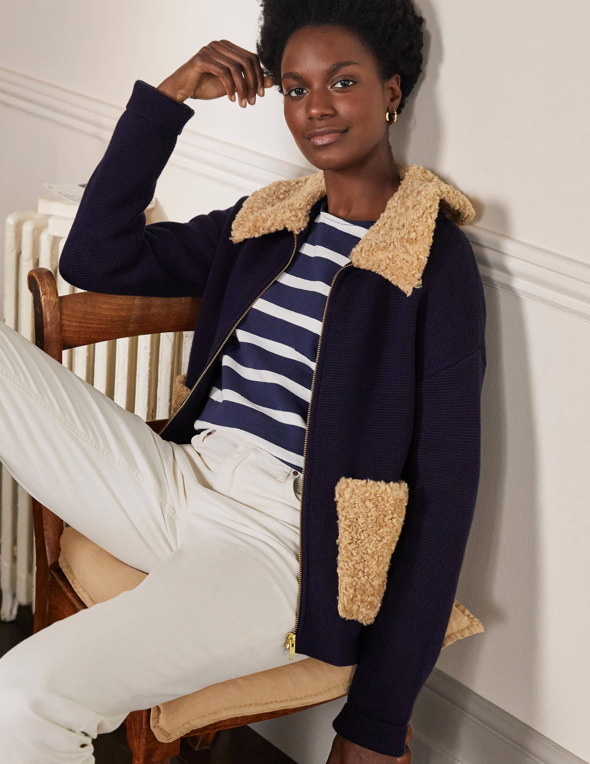 Manteau court façon cardigan en borg-Bleu marine - Image 1