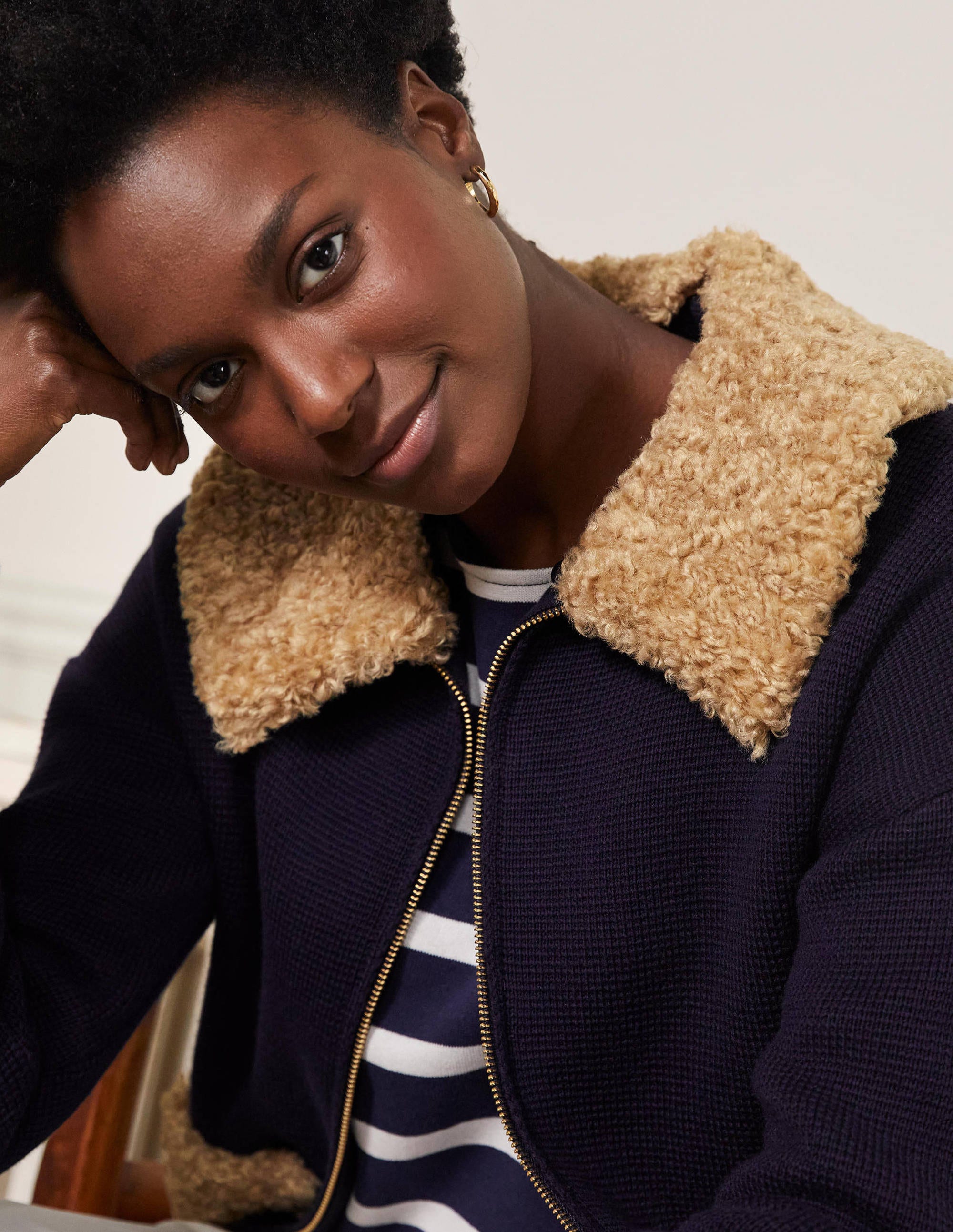 Manteau court façon cardigan en borg-Bleu marine - Image 2