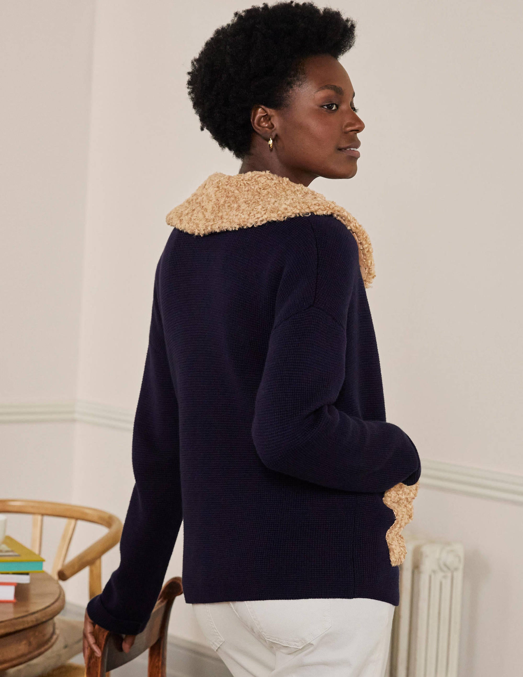 Manteau court façon cardigan en borg-Bleu marine - Image 3
